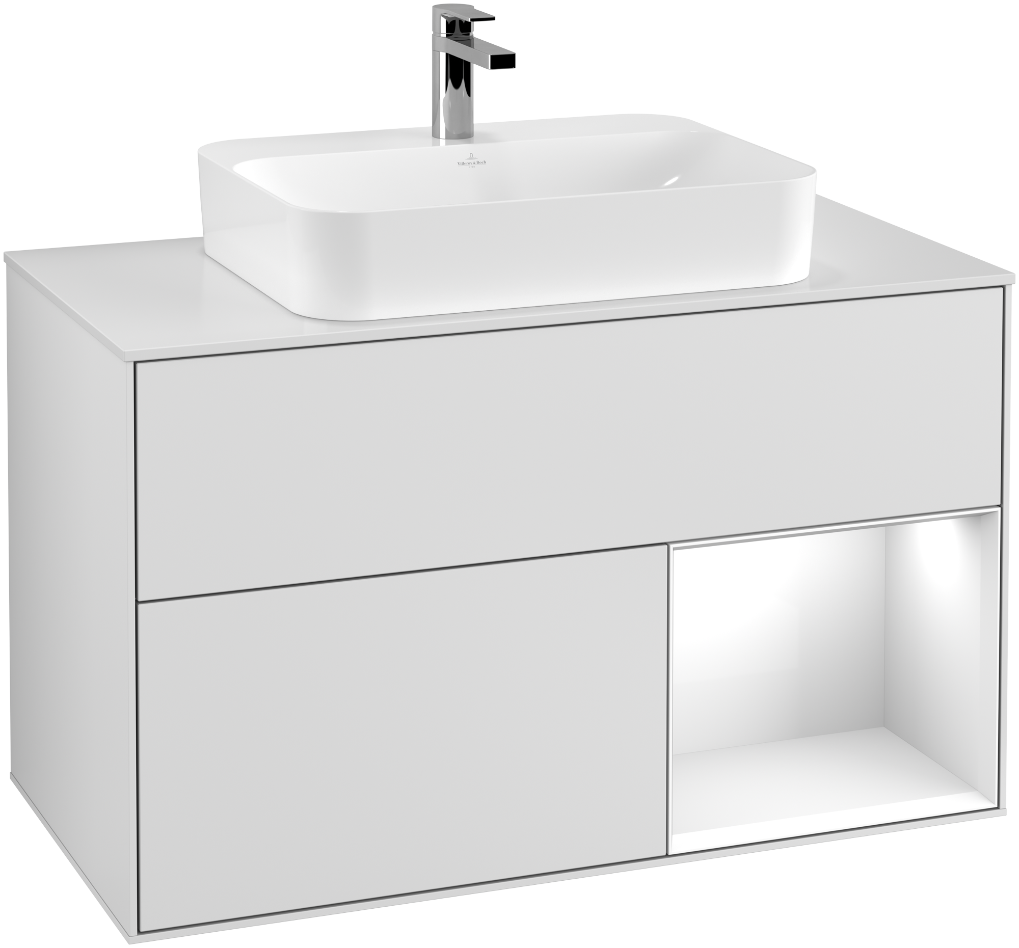 Villeroy & Boch Finion Vanity unit, with lighting, 2 pull-out compartments, 1000x603x501mm, Body: White Matt Lacquer, Front: White Matt Lacquer, Shelf: Glossy White Lacquer, Cover plate: Glass White Matt