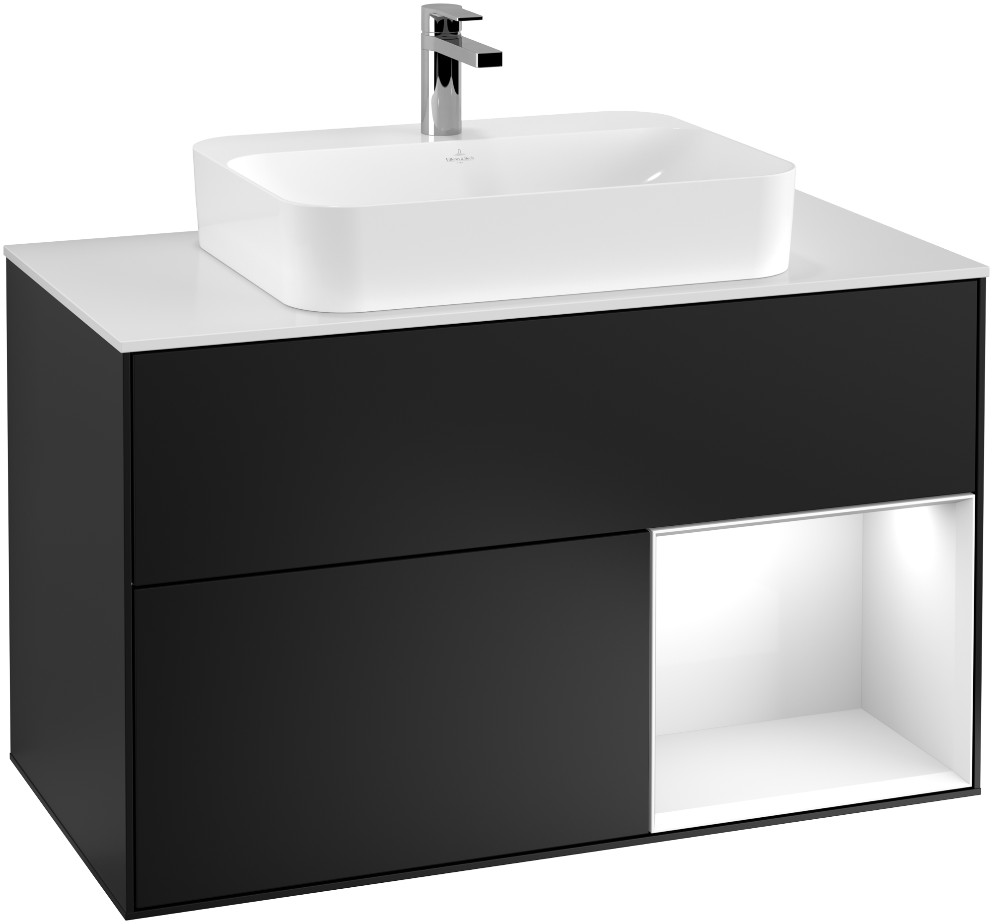 Villeroy & Boch Finion Vanity unit, with lighting, 2 pull-out compartments, 1000x603x501mm, Body: Black Matt Lacquer, Front: Black Matt Lacquer, Shelf: Glossy White Lacquer, Cover plate: Glass White Matt