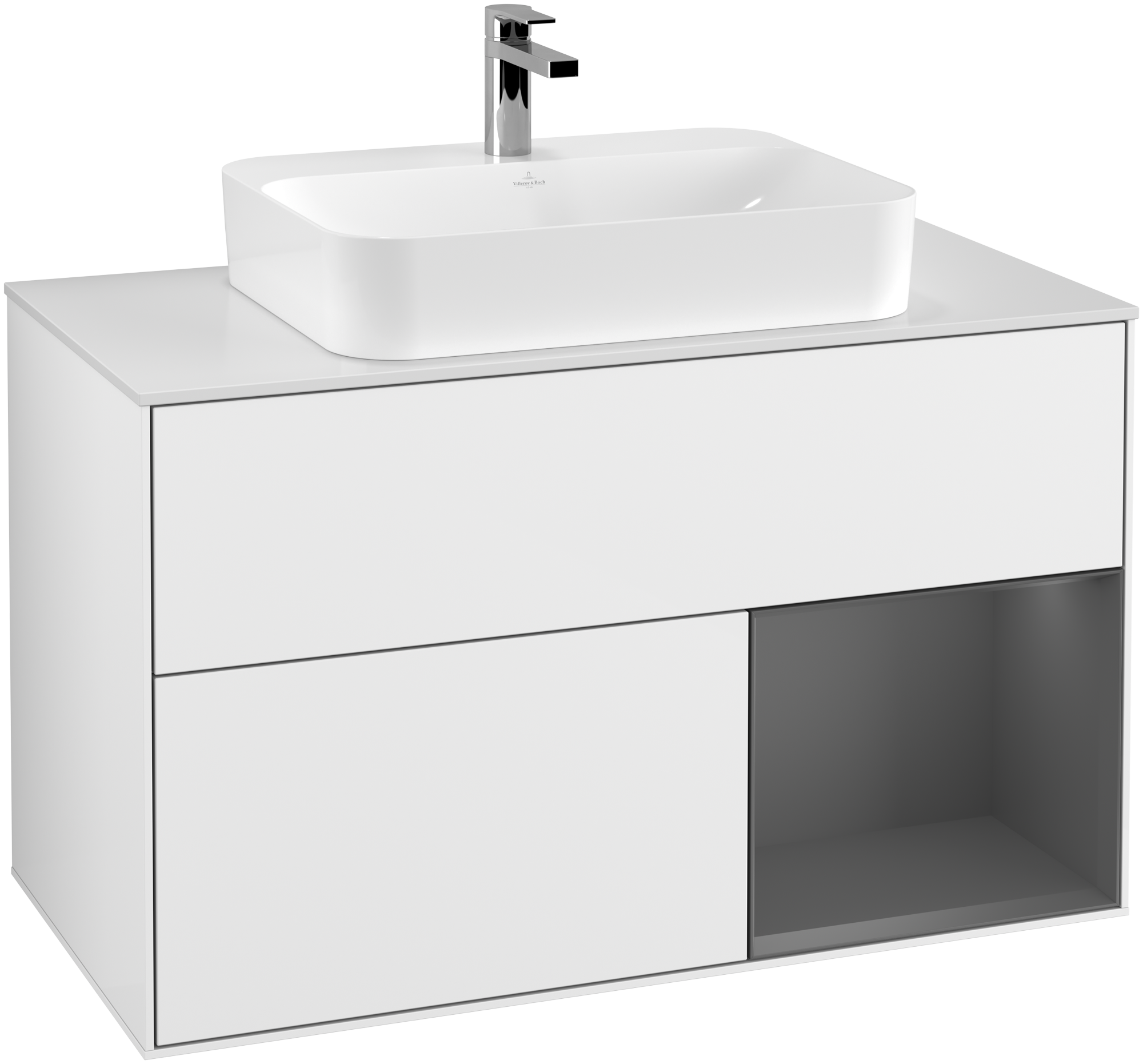 Villeroy & Boch Finion Vanity unit, with lighting, 2 pull-out compartments, 1000x603x501mm, Body: Glossy White Lacquer, Front: Glossy White Lacquer, Shelf: Anthracite Matt Lacquer, Cover plate: Glass White Matt