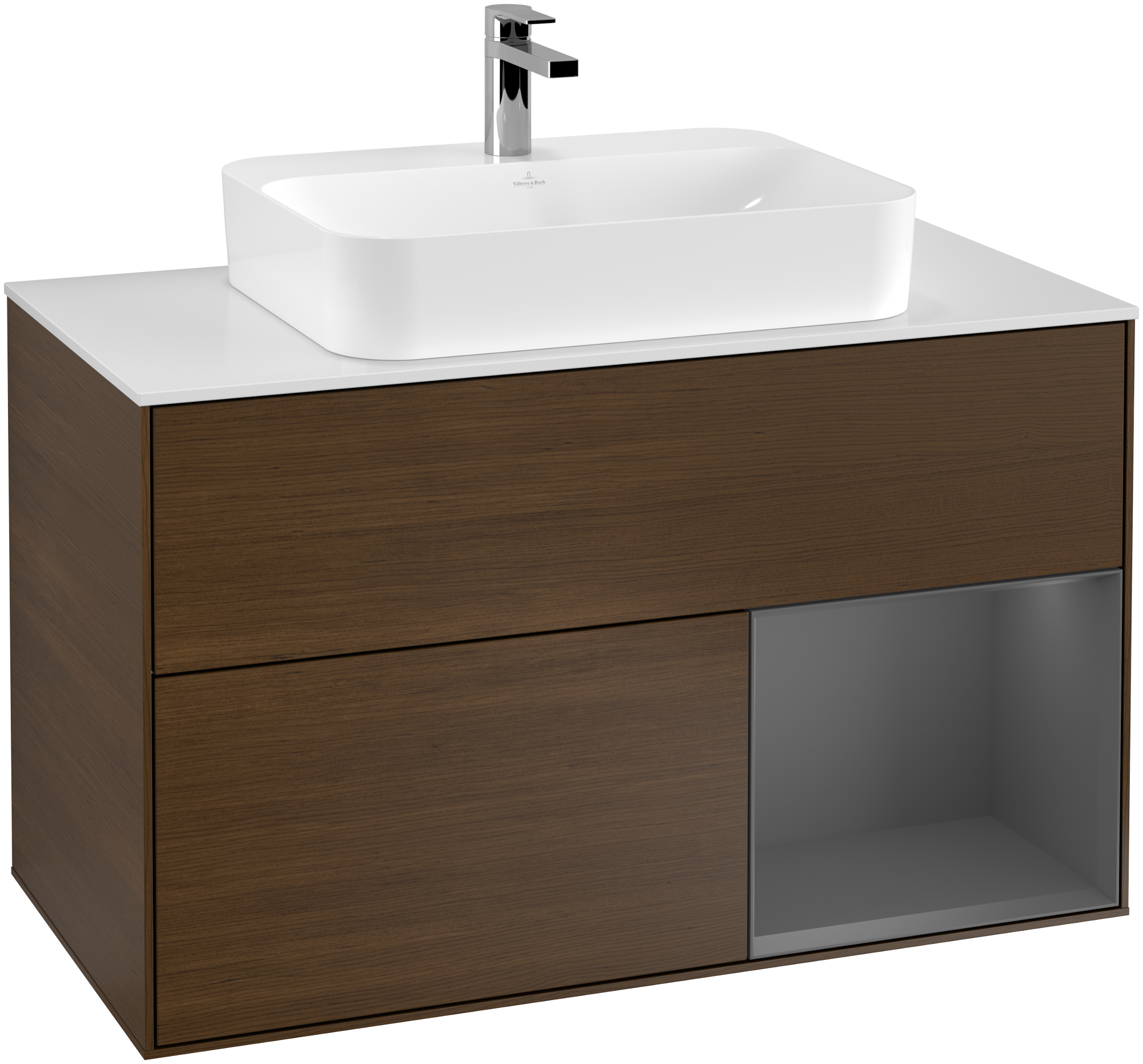 Villeroy & Boch Finion Vanity unit, with lighting, 2 pull-out compartments, 1000x603x501mm, Body: Walnut Veneer, Front: Walnut Veneer, Shelf: Anthracite Matt Lacquer, Cover plate: Glass White Matt