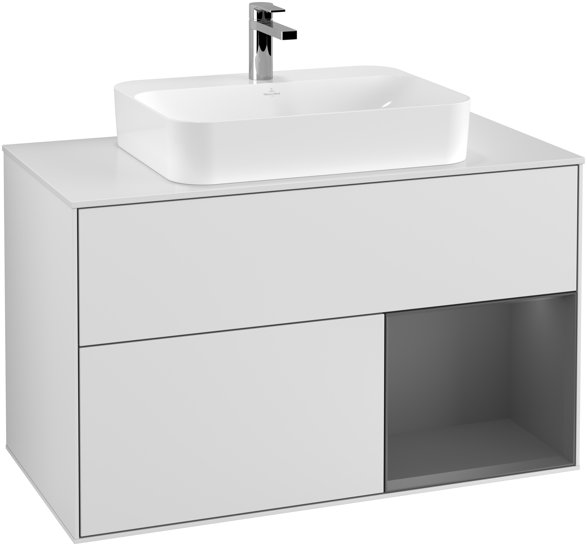 Villeroy & Boch Finion Vanity unit, with lighting, 2 pull-out compartments, 1000x603x501mm, Body: White Matt Lacquer, Front: White Matt Lacquer, Shelf: Anthracite Matt Lacquer, Cover plate: Glass White Matt
