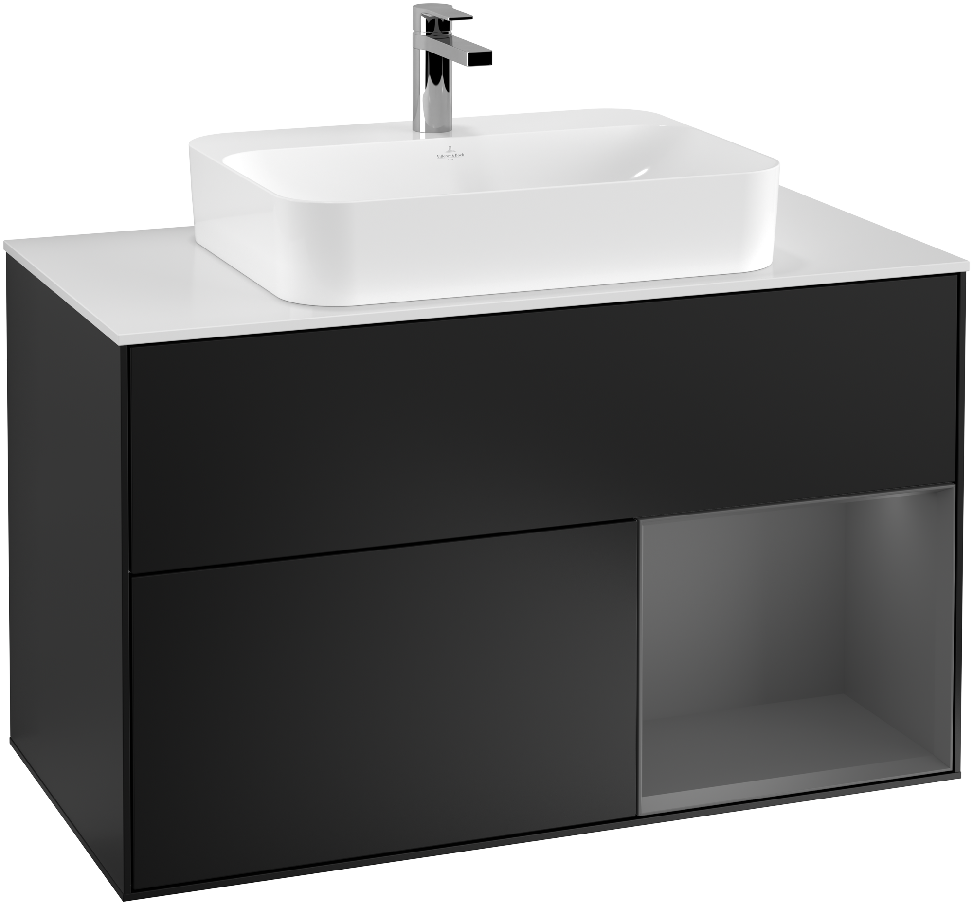 Villeroy & Boch Finion Vanity unit, with lighting, 2 pull-out compartments, 1000x603x501mm, Body: Black Matt Lacquer, Front: Black Matt Lacquer, Shelf: Anthracite Matt Lacquer, Cover plate: Glass White Matt