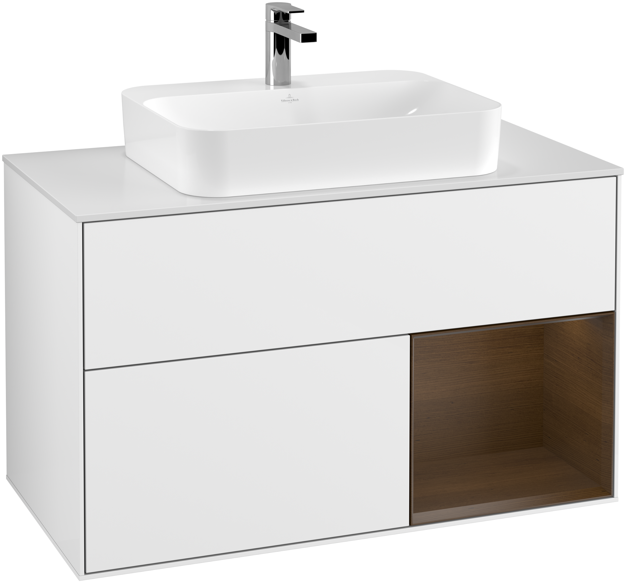 Villeroy & Boch Finion Vanity unit, with lighting, 2 pull-out compartments, 1000x603x501mm, Body: Glossy White Lacquer, Front: Glossy White Lacquer, Shelf: Walnut Veneer, Cover plate: Glass White Matt