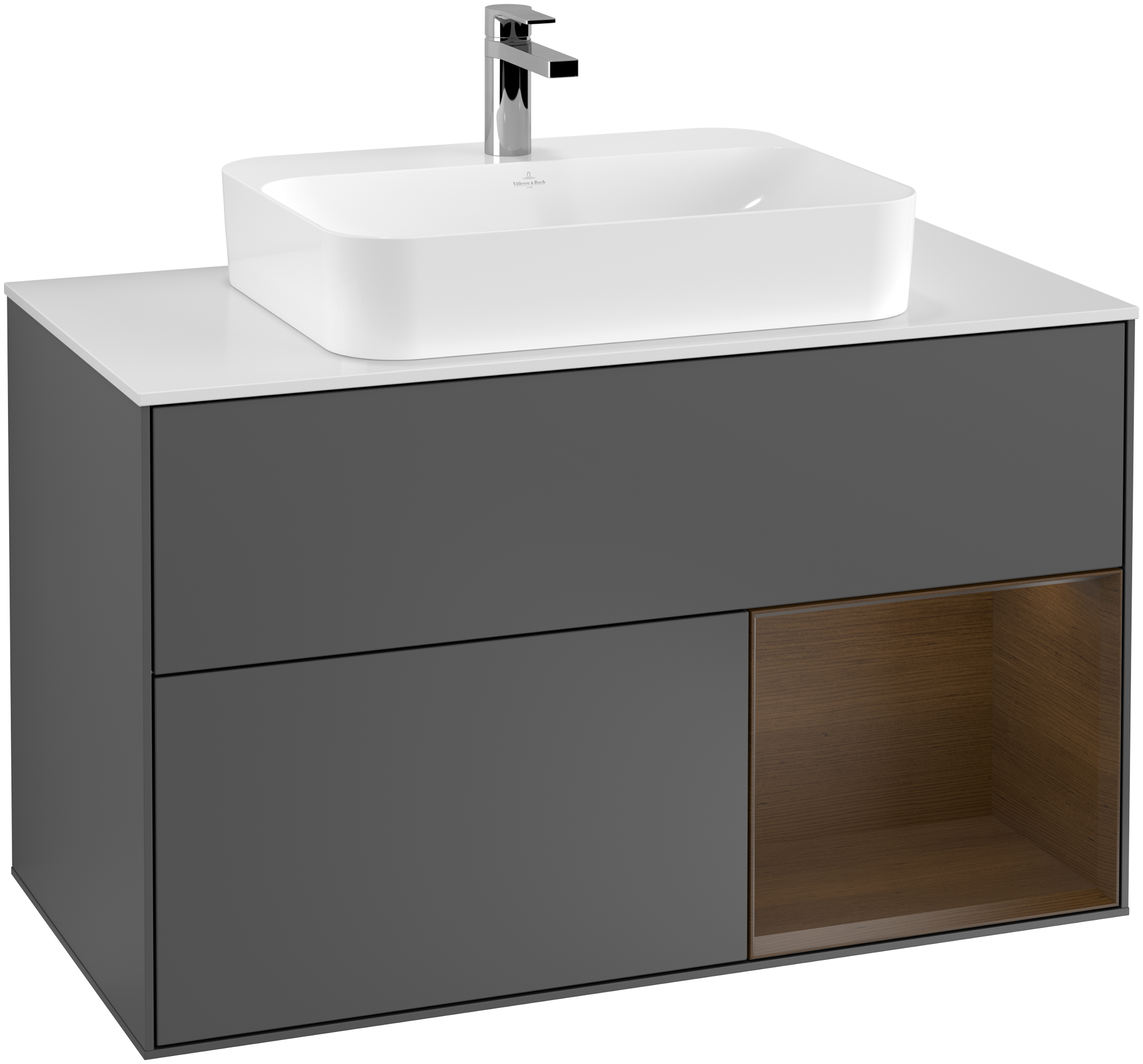 Villeroy & Boch Finion Vanity unit, with lighting, 2 pull-out compartments, 1000x603x501mm, Body: Anthracite Matt Lacquer, Front: Anthracite Matt Lacquer, Shelf: Walnut Veneer, Cover plate: Glass White Matt