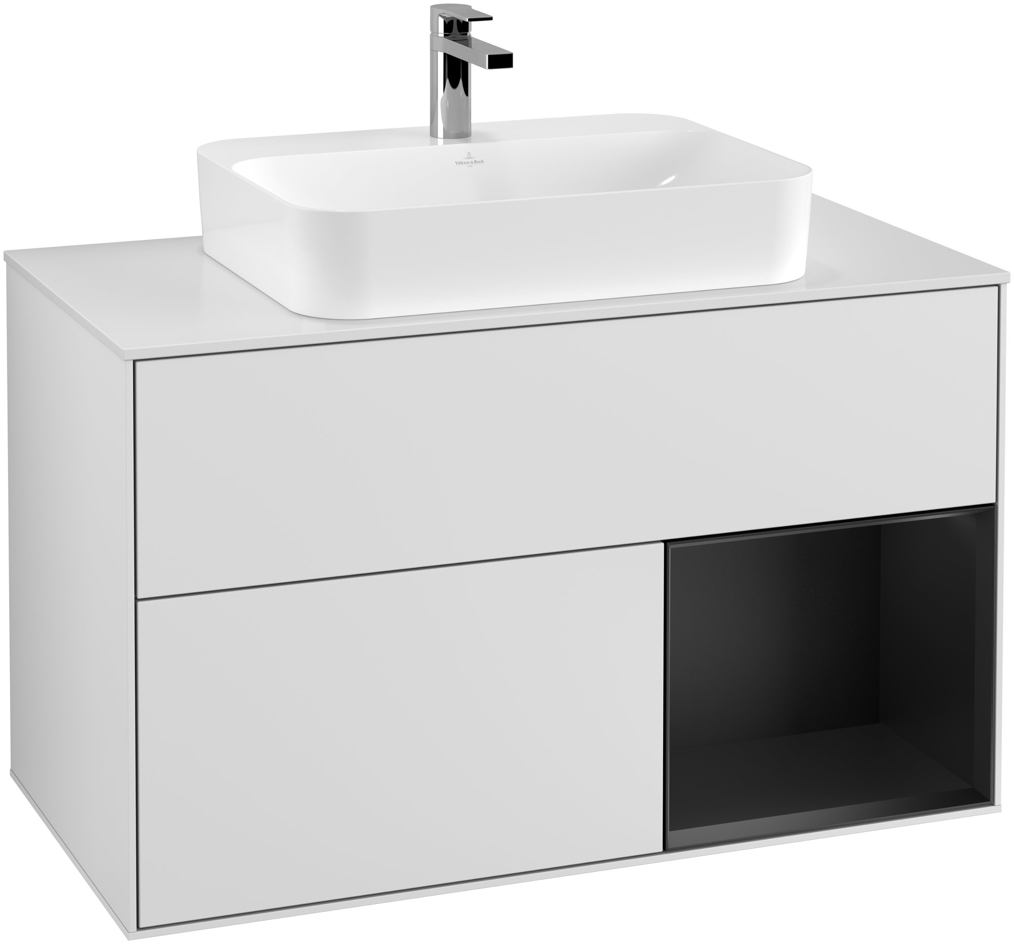 Villeroy & Boch Finion Vanity unit, with lighting, 2 pull-out compartments, 1000x603x501mm, Body: White Matt Lacquer, Front: White Matt Lacquer, Shelf: Black Matt Lacquer, Cover plate: Glass White Matt