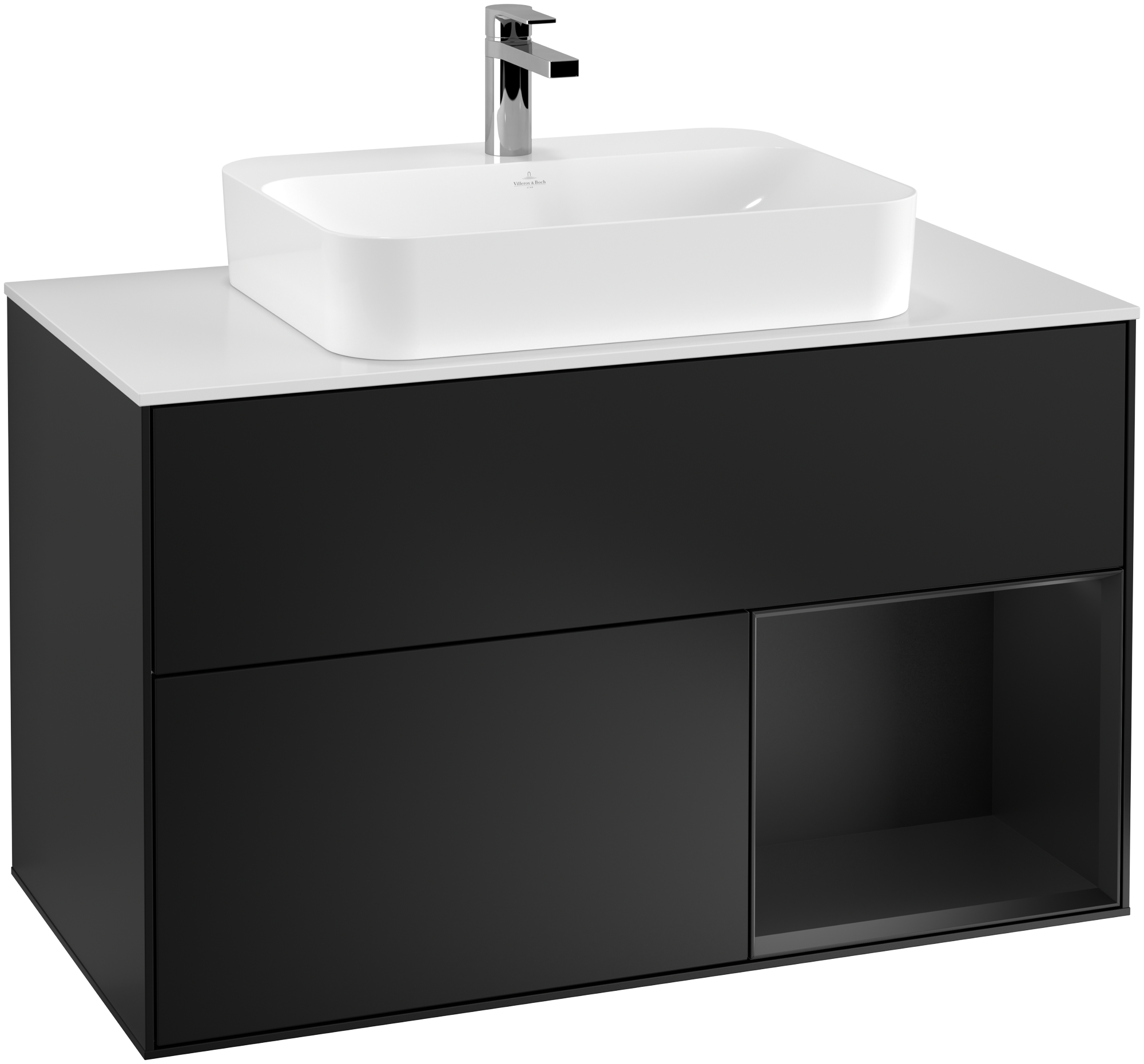 Villeroy & Boch Finion Vanity unit, with lighting, 2 pull-out compartments, 1000x603x501mm, Body: Black Matt Lacquer, Front: Black Matt Lacquer, Shelf: Black Matt Lacquer, Cover plate: Glass White Matt