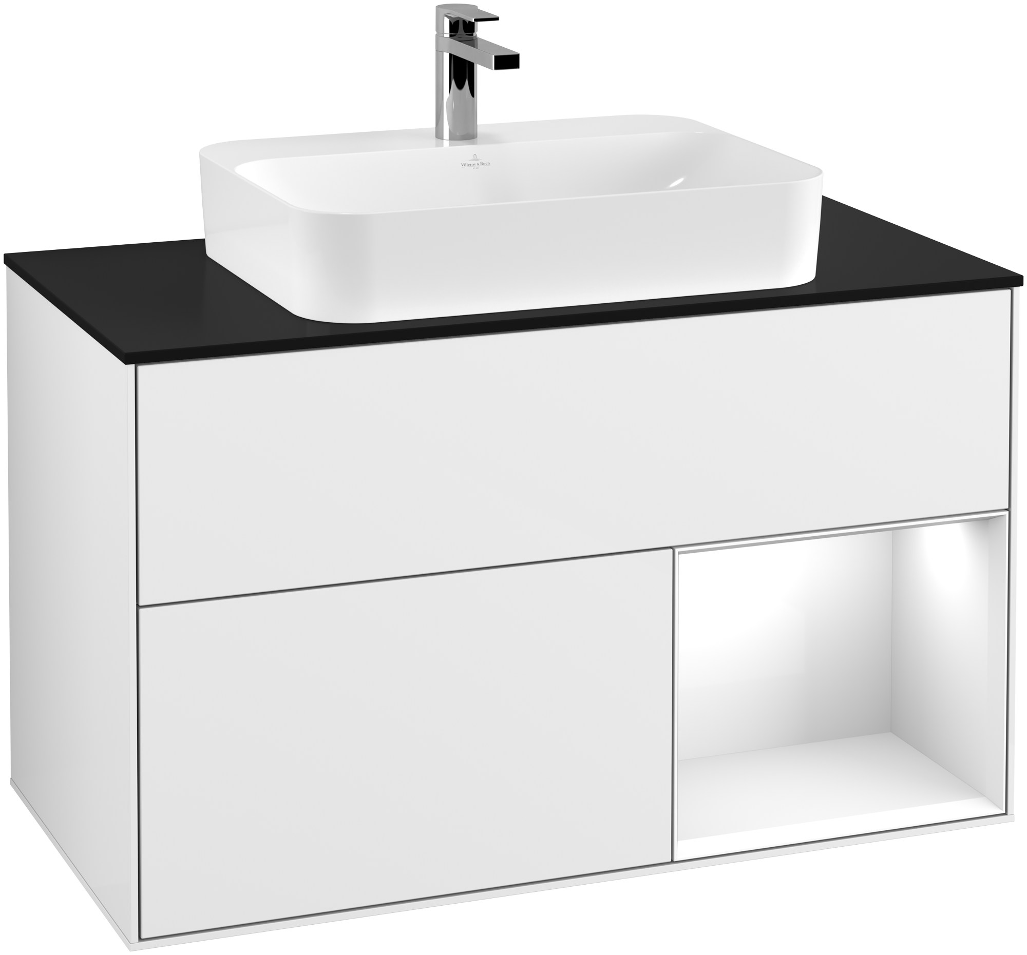 Villeroy & Boch Finion Vanity unit, with lighting, 2 pull-out compartments, 1000x603x501mm, Body: Glossy White Lacquer, Front: Glossy White Lacquer, Shelf: Glossy White Lacquer, Cover plate: Glass Black Matt