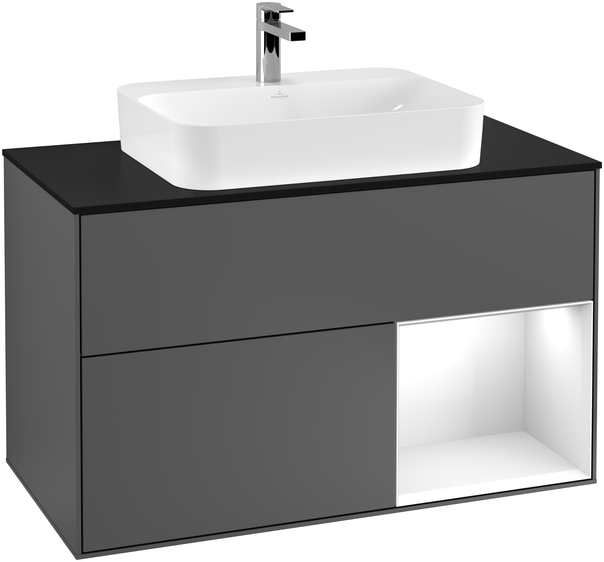 Villeroy & Boch Finion Vanity unit, with lighting, 2 pull-out compartments, 1000x603x501mm, Body: Anthracite Matt Lacquer, Front: Anthracite Matt Lacquer, Shelf: Glossy White Lacquer, Cover plate: Glass Black Matt