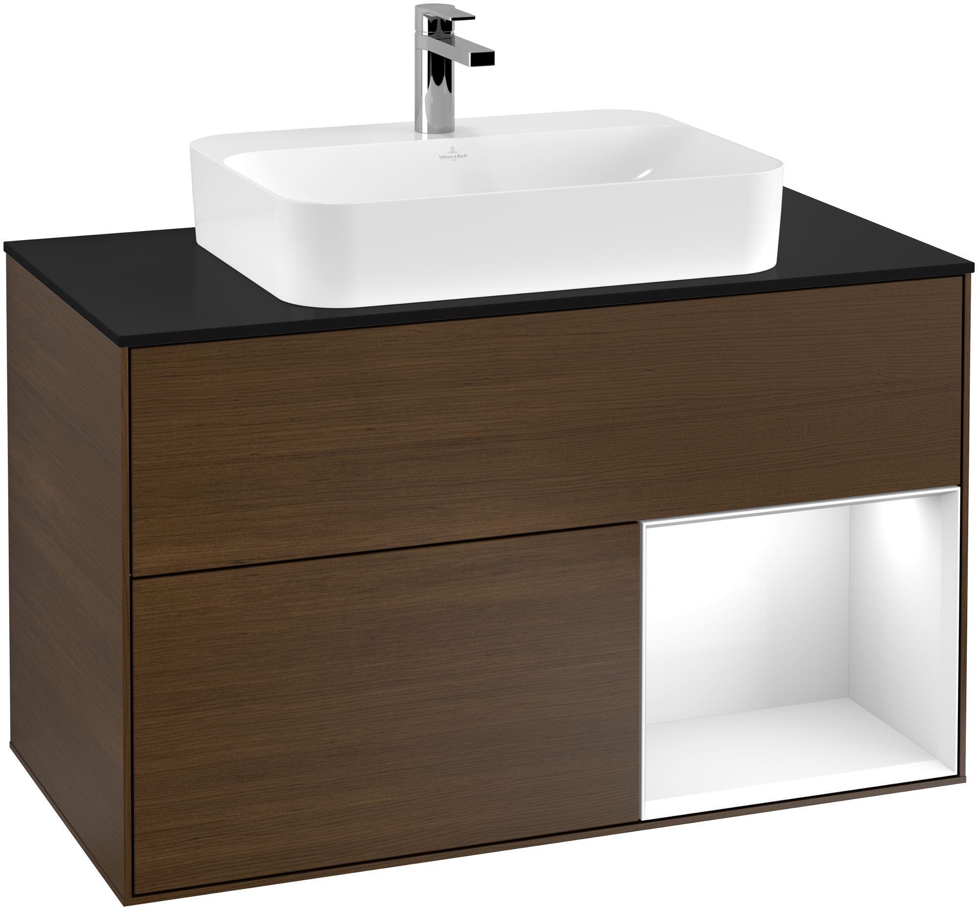 Villeroy & Boch Finion Vanity unit, with lighting, 2 pull-out compartments, 1000x603x501mm, Body: Walnut Veneer, Front: Walnut Veneer, Shelf: Glossy White Lacquer, Cover plate: Glass Black Matt