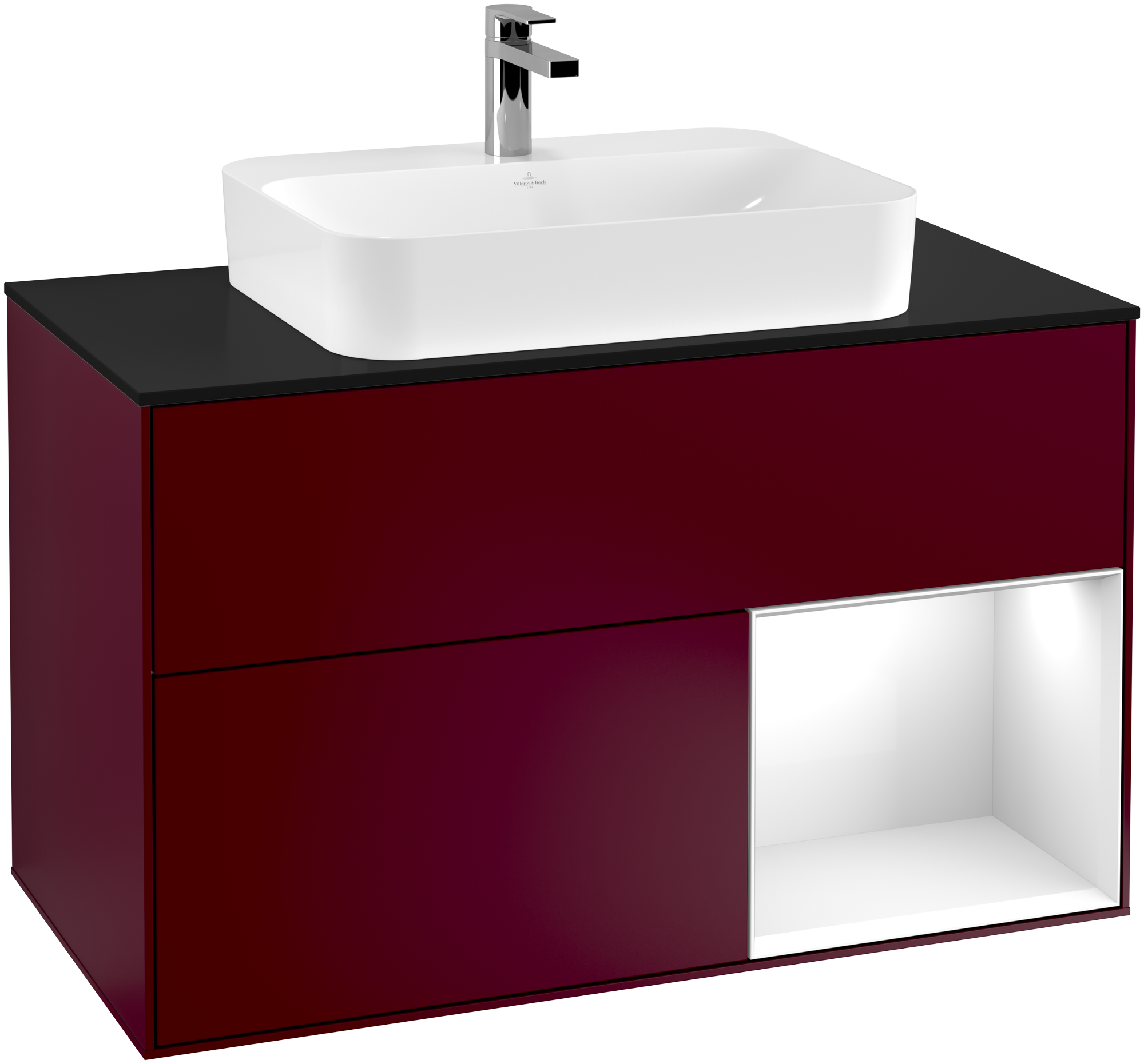 Villeroy & Boch Finion Vanity unit, with lighting, 2 pull-out compartments, 1000x603x501mm, Body: Peony Matt Lacquer, Front: Peony Matt Lacquer, Shelf: Glossy White Lacquer, Cover plate: Glass Black Matt