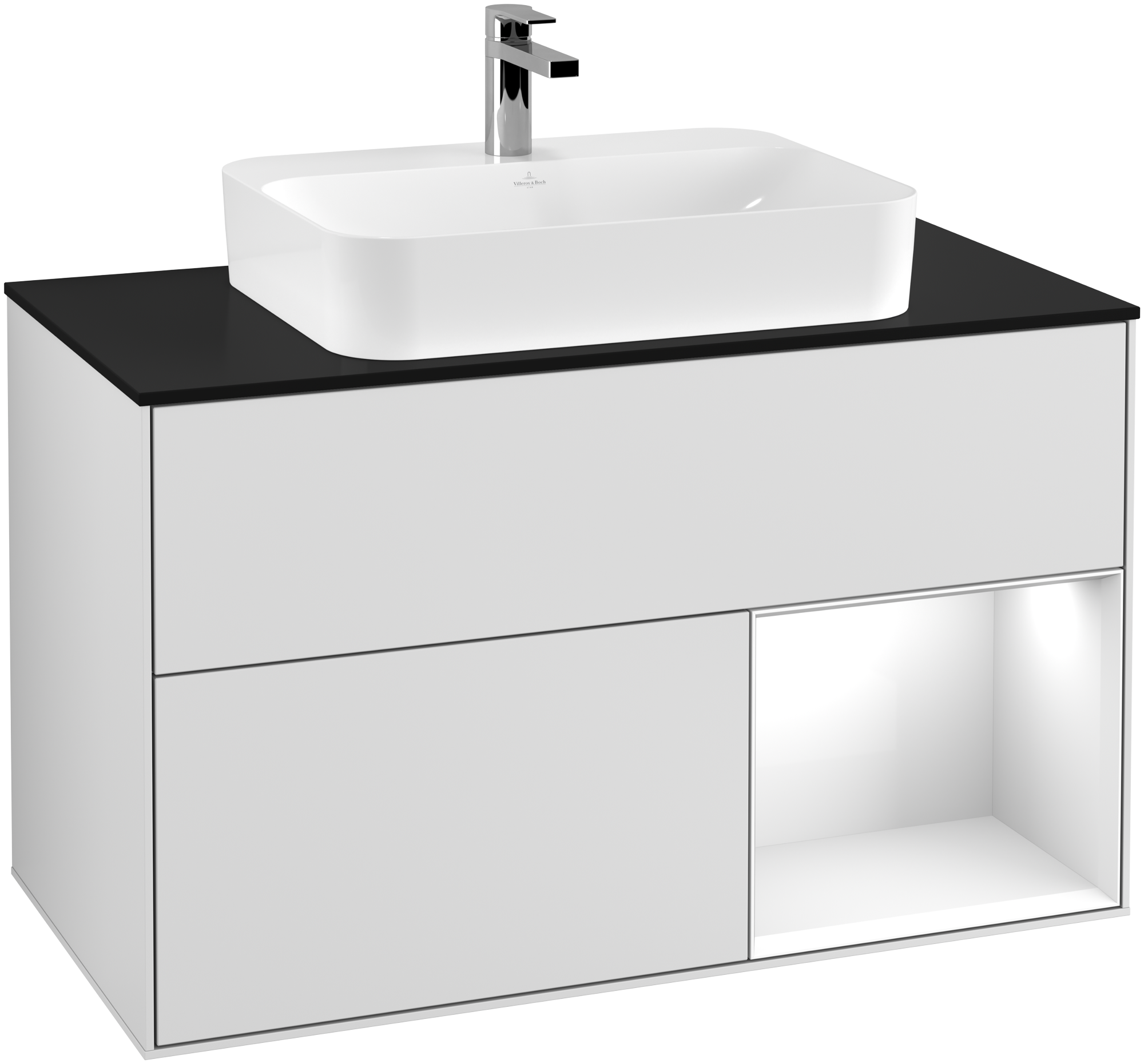 Villeroy & Boch Finion Vanity unit, with lighting, 2 pull-out compartments, 1000x603x501mm, Body: White Matt Lacquer, Front: White Matt Lacquer, Shelf: Glossy White Lacquer, Cover plate: Glass Black Matt