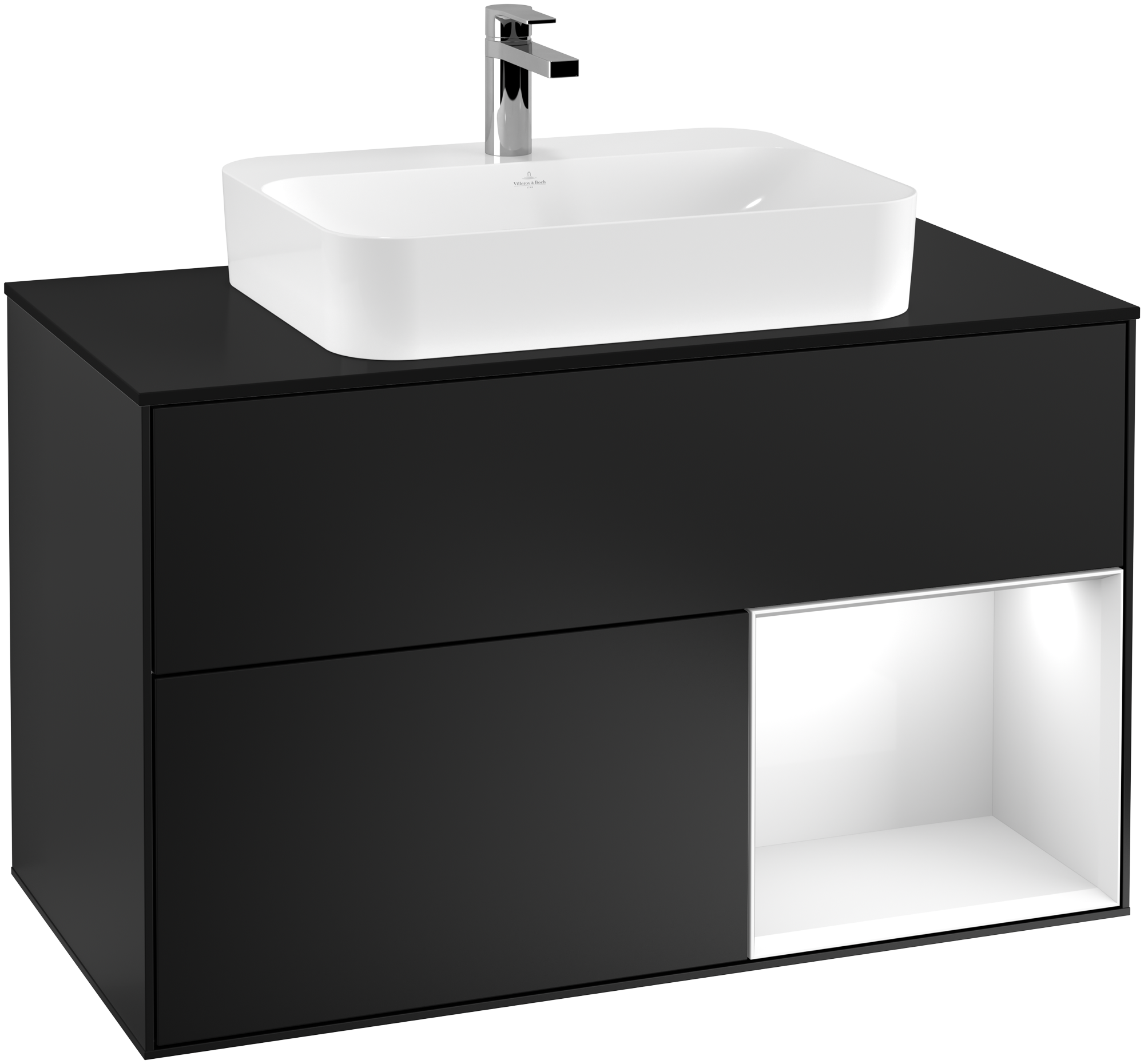 Villeroy & Boch Finion Vanity unit, with lighting, 2 pull-out compartments, 1000x603x501mm, Body: Black Matt Lacquer, Front: Black Matt Lacquer, Shelf: Glossy White Lacquer, Cover plate: Glass Black Matt