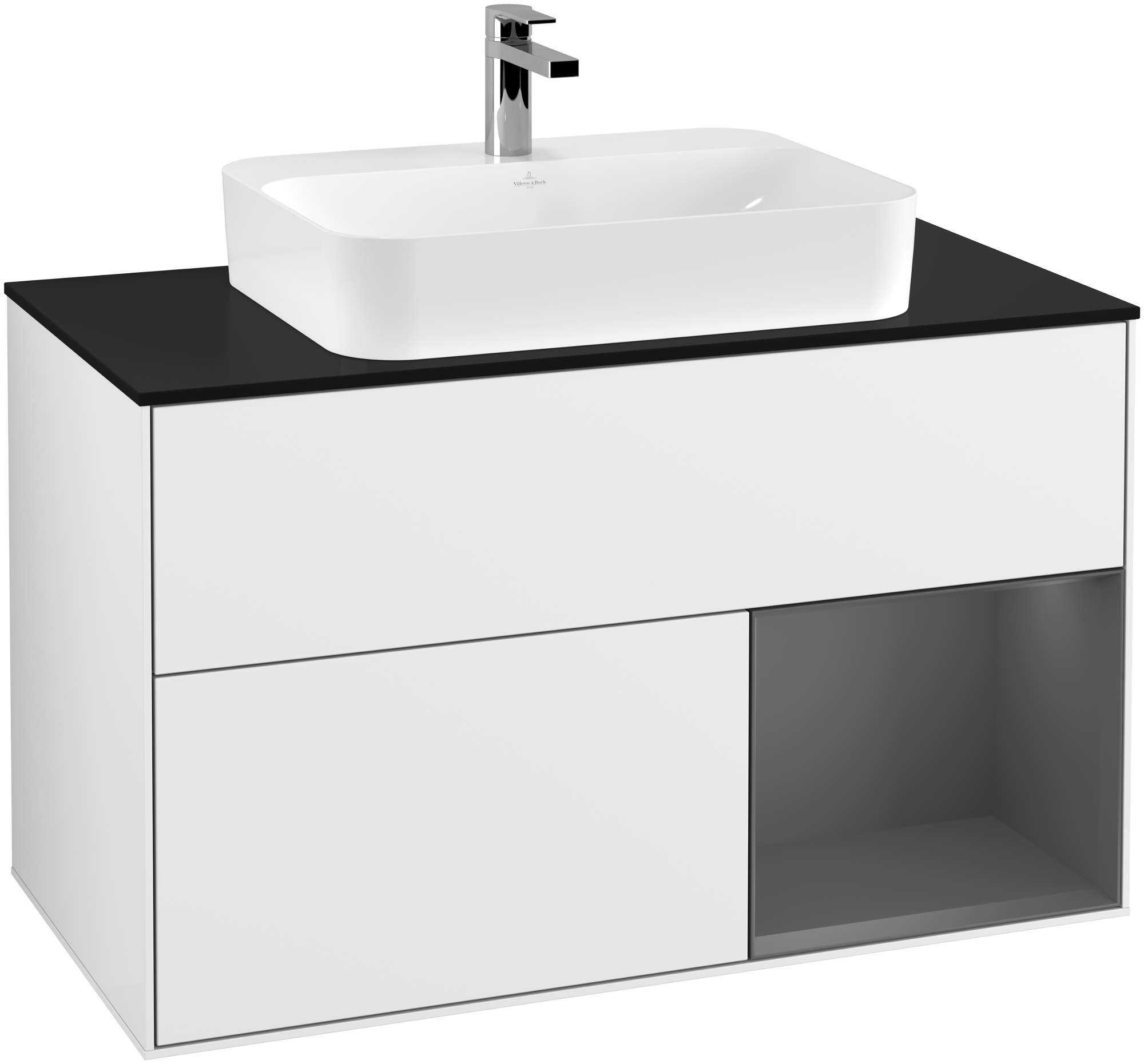 Villeroy & Boch Finion Vanity unit, with lighting, 2 pull-out compartments, 1000x603x501mm, Body: Glossy White Lacquer, Front: Glossy White Lacquer, Shelf: Anthracite Matt Lacquer, Cover plate: Glass Black Matt