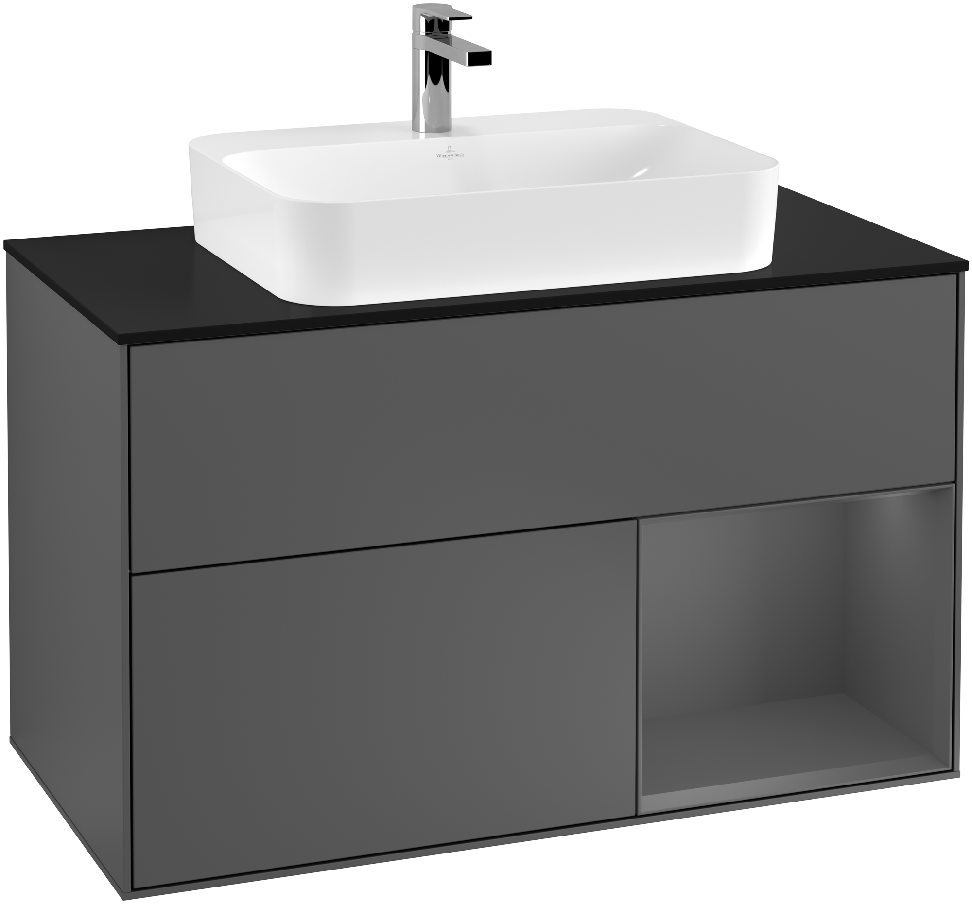 Villeroy & Boch Finion Vanity unit, with lighting, 2 pull-out compartments, 1000x603x501mm, Body: Anthracite Matt Lacquer, Front: Anthracite Matt Lacquer, Shelf: Anthracite Matt Lacquer, Cover plate: Glass Black Matt