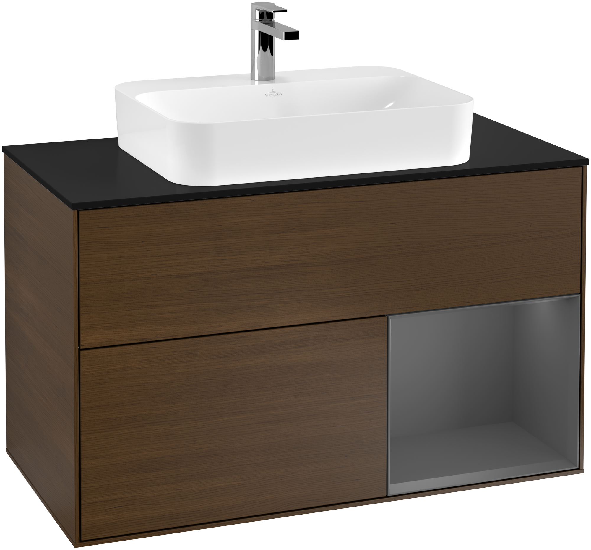 Villeroy & Boch Finion Vanity unit, with lighting, 2 pull-out compartments, 1000x603x501mm, Body: Walnut Veneer, Front: Walnut Veneer, Shelf: Anthracite Matt Lacquer, Cover plate: Glass Black Matt
