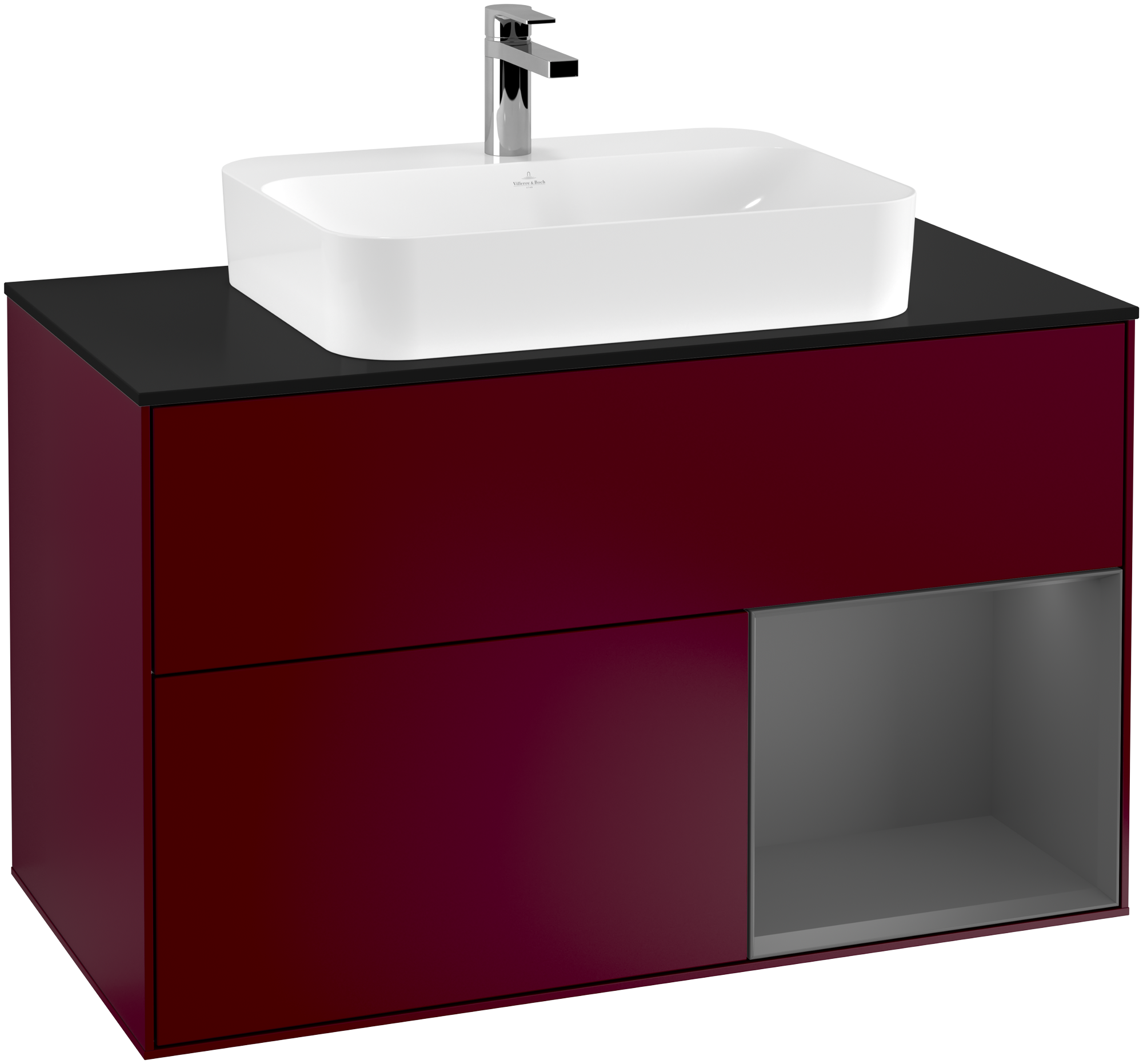 Villeroy & Boch Finion Vanity unit, with lighting, 2 pull-out compartments, 1000x603x501mm, Body: Peony Matt Lacquer, Front: Peony Matt Lacquer, Shelf: Anthracite Matt Lacquer, Cover plate: Glass Black Matt