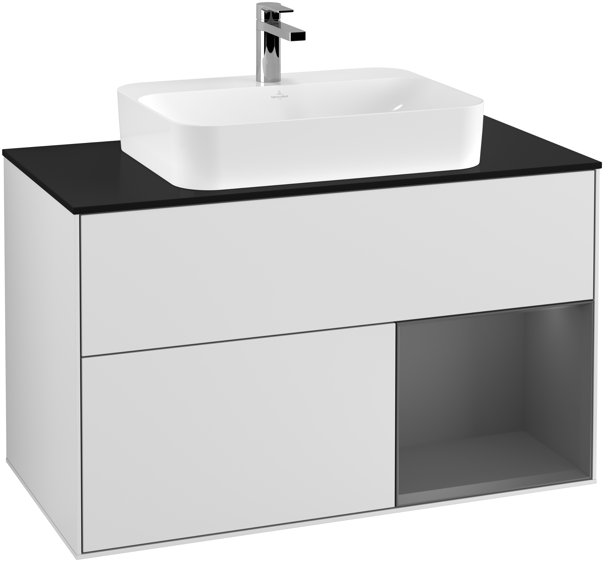 Villeroy & Boch Finion Vanity unit, with lighting, 2 pull-out compartments, 1000x603x501mm, Body: White Matt Lacquer, Front: White Matt Lacquer, Shelf: Anthracite Matt Lacquer, Cover plate: Glass Black Matt