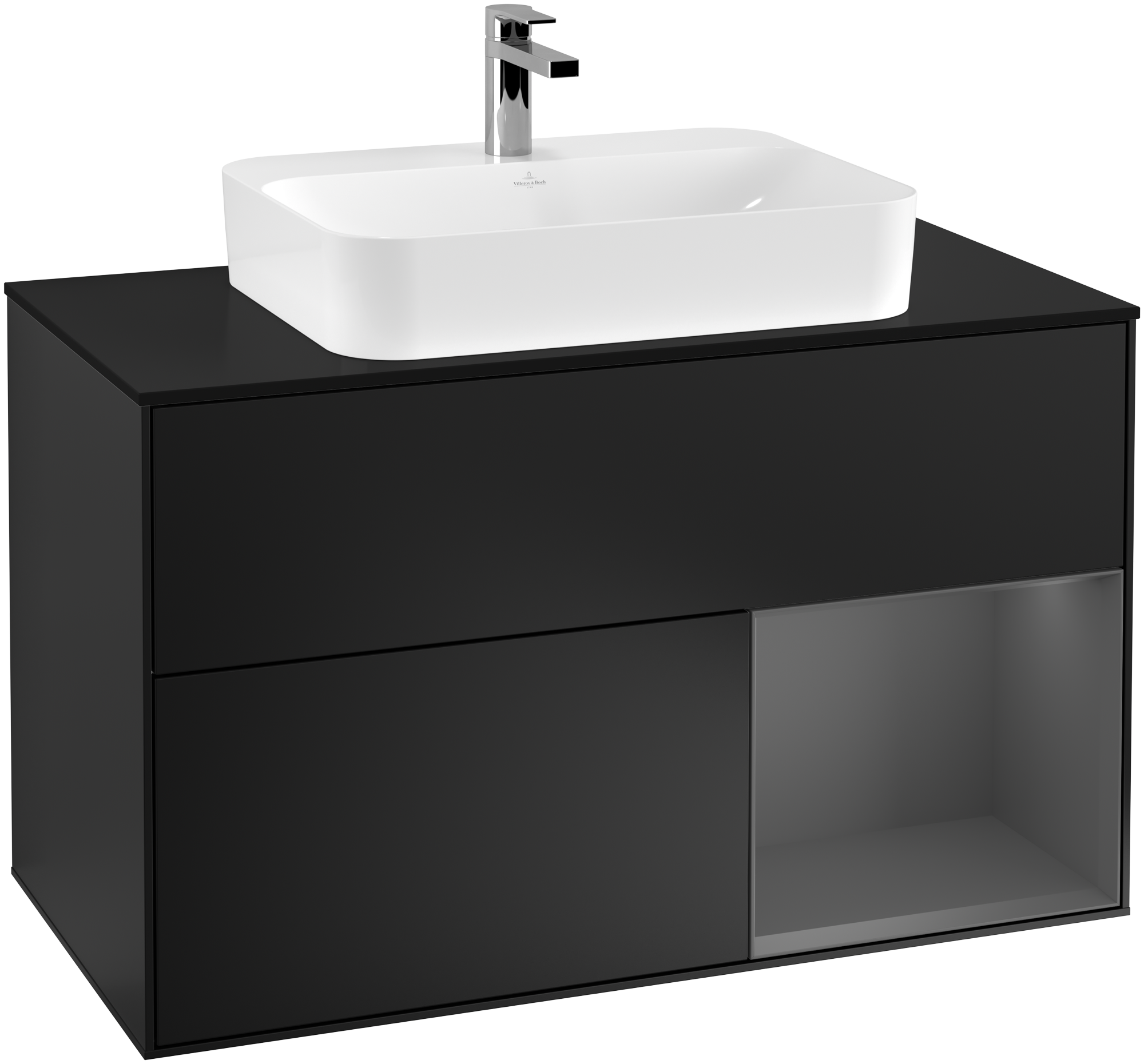 Villeroy & Boch Finion Vanity unit, with lighting, 2 pull-out compartments, 1000x603x501mm, Body: Black Matt Lacquer, Front: Black Matt Lacquer, Shelf: Anthracite Matt Lacquer, Cover plate: Glass Black Matt