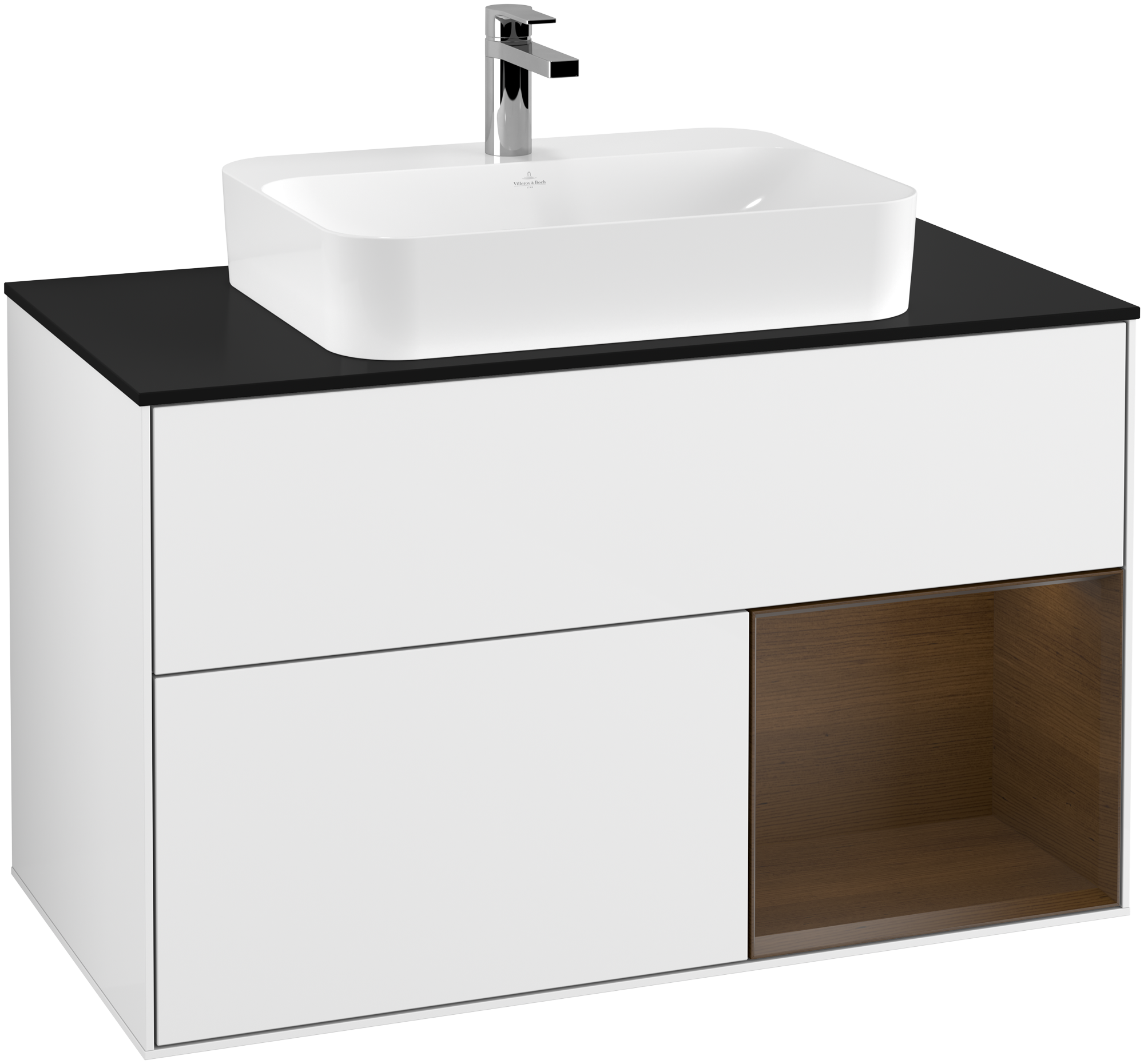 Villeroy & Boch Finion Vanity unit, with lighting, 2 pull-out compartments, 1000x603x501mm, Body: Glossy White Lacquer, Front: Glossy White Lacquer, Shelf: Walnut Veneer, Cover plate: Glass Black Matt