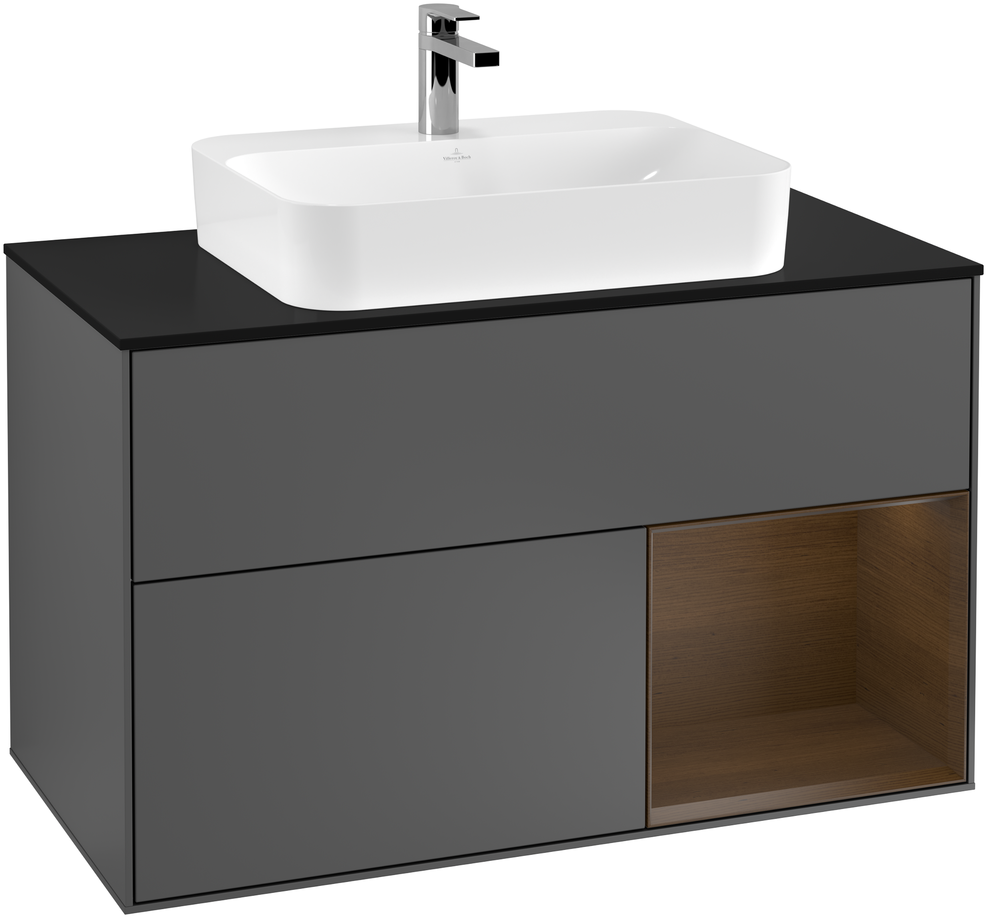 Villeroy & Boch Finion Vanity unit, with lighting, 2 pull-out compartments, 1000x603x501mm, Body: Anthracite Matt Lacquer, Front: Anthracite Matt Lacquer, Shelf: Walnut Veneer, Cover plate: Glass Black Matt