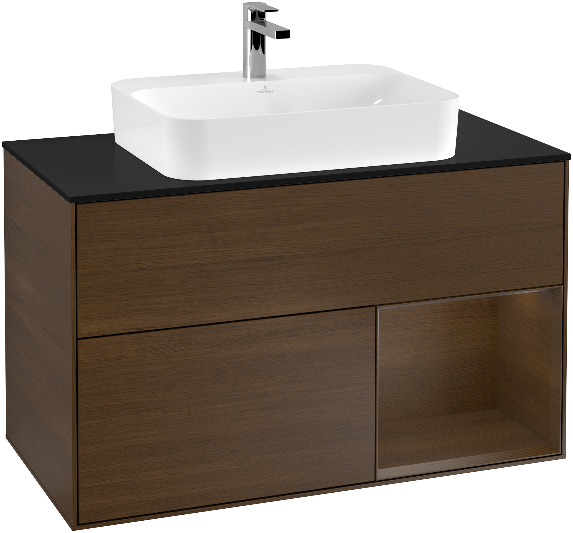 Villeroy & Boch Finion Vanity unit, with lighting, 2 pull-out compartments, 1000x603x501mm, Body: Walnut Veneer, Front: Walnut Veneer, Shelf: Walnut Veneer, Cover plate: Glass Black Matt