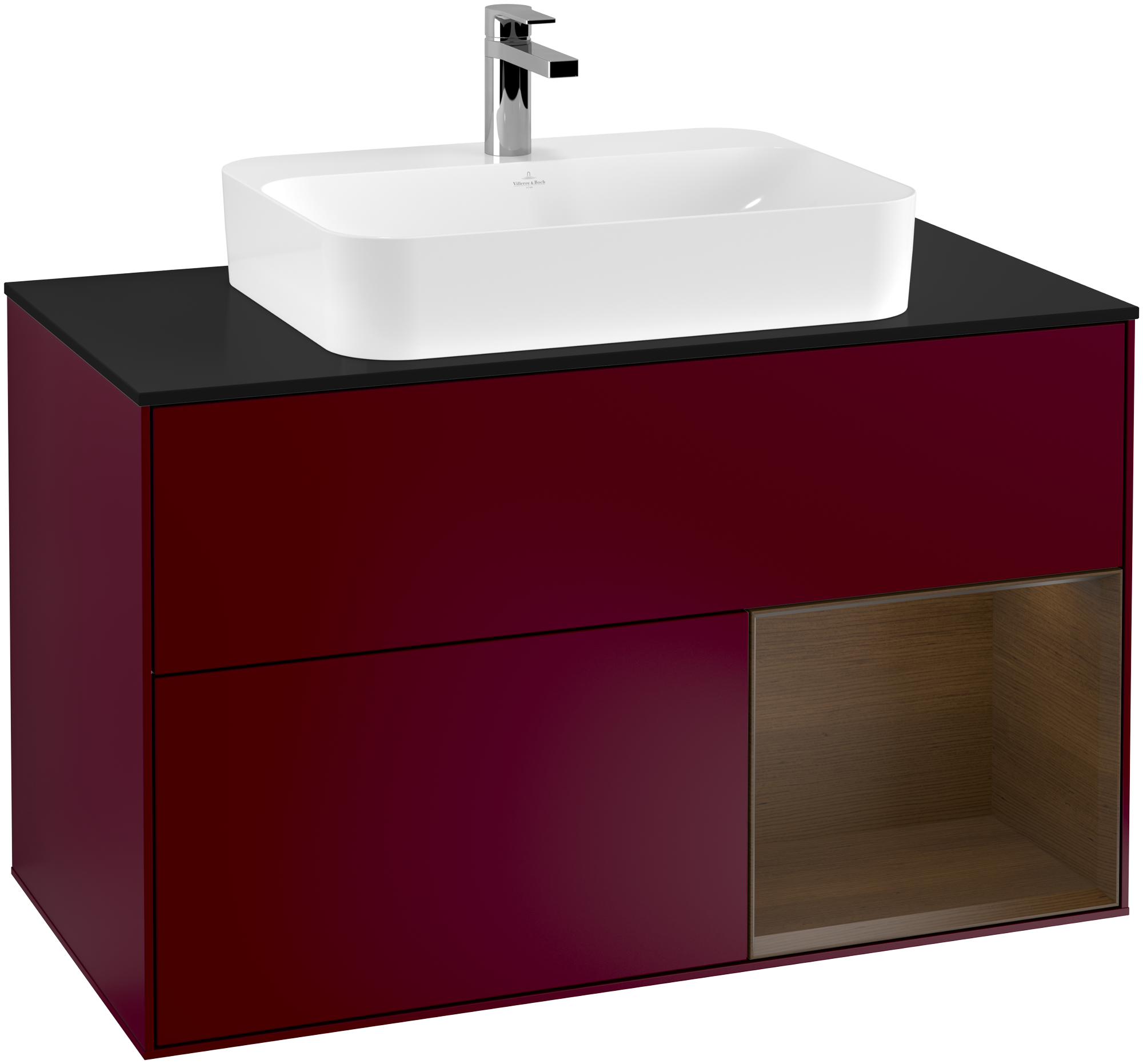 Villeroy & Boch Finion Vanity unit, with lighting, 2 pull-out compartments, 1000x603x501mm, Body: Peony Matt Lacquer, Front: Peony Matt Lacquer, Shelf: Walnut Veneer, Cover plate: Glass Black Matt