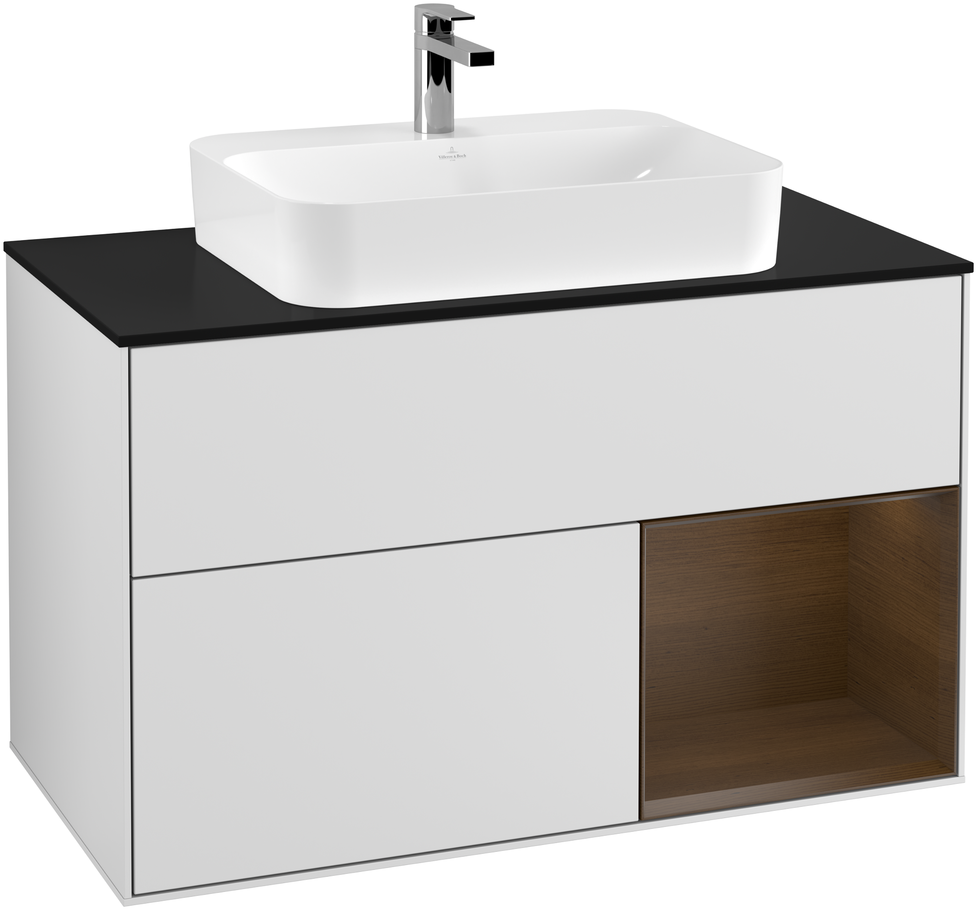 Villeroy & Boch Finion Vanity unit, with lighting, 2 pull-out compartments, 1000x603x501mm, Body: White Matt Lacquer, Front: White Matt Lacquer, Shelf: Walnut Veneer, Cover plate: Glass Black Matt