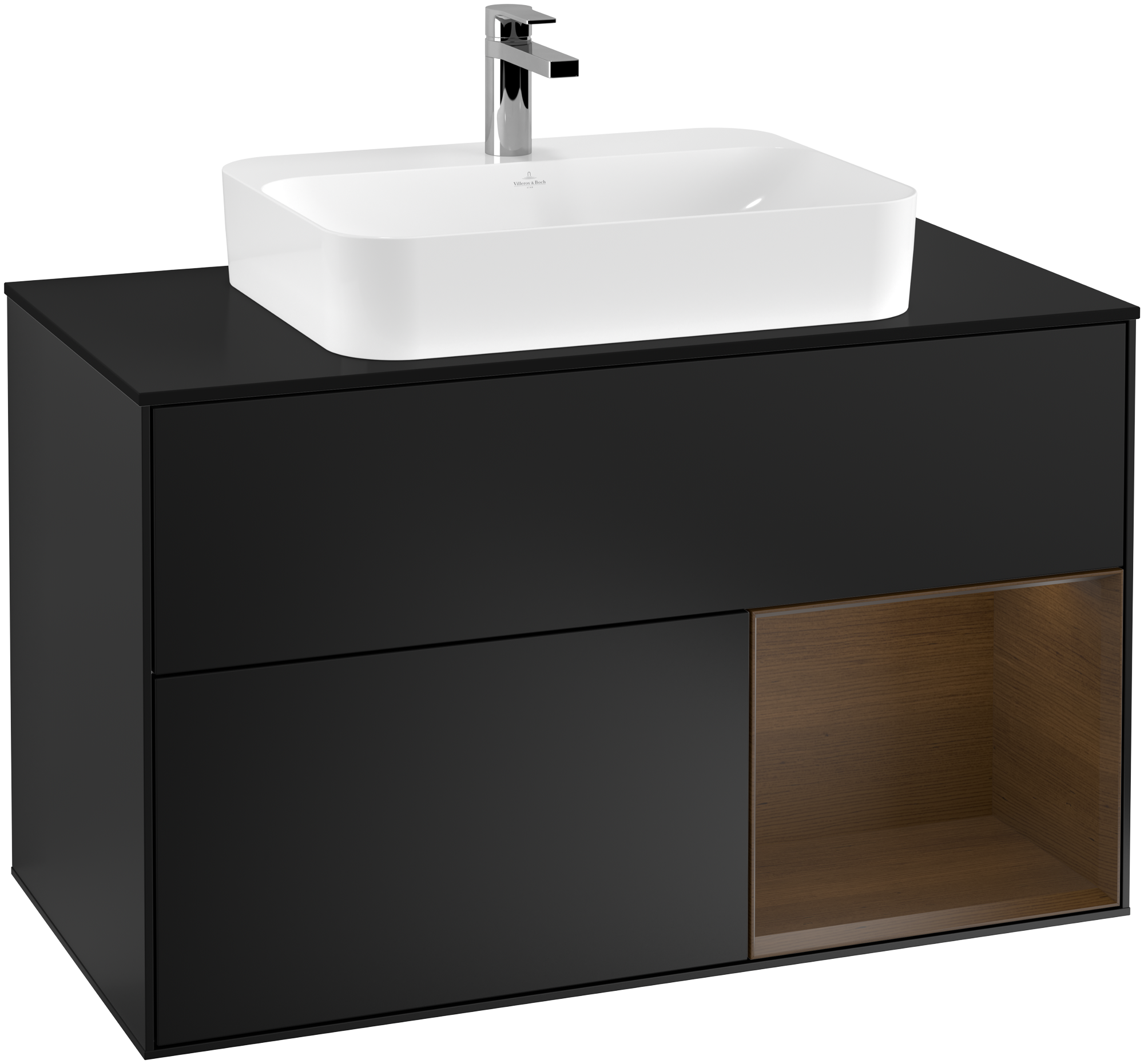 Villeroy & Boch Finion Vanity unit, with lighting, 2 pull-out compartments, 1000x603x501mm, Body: Black Matt Lacquer, Front: Black Matt Lacquer, Shelf: Walnut Veneer, Cover plate: Glass Black Matt