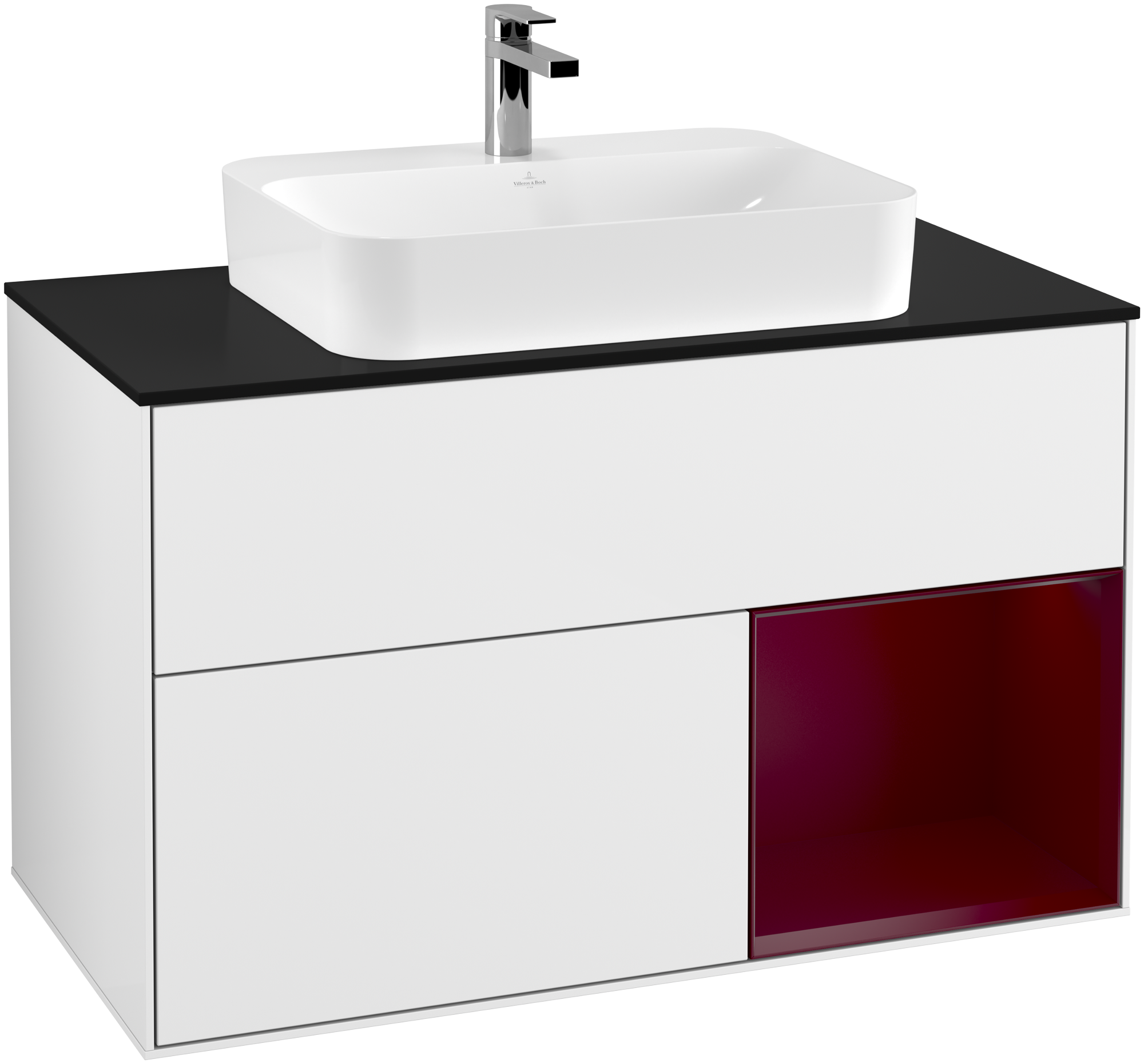 Villeroy & Boch Finion Vanity unit, with lighting, 2 pull-out compartments, 1000x603x501mm, Body: Glossy White Lacquer, Front: Glossy White Lacquer, Shelf: Peony Matt Lacquer, Cover plate: Glass Black Matt