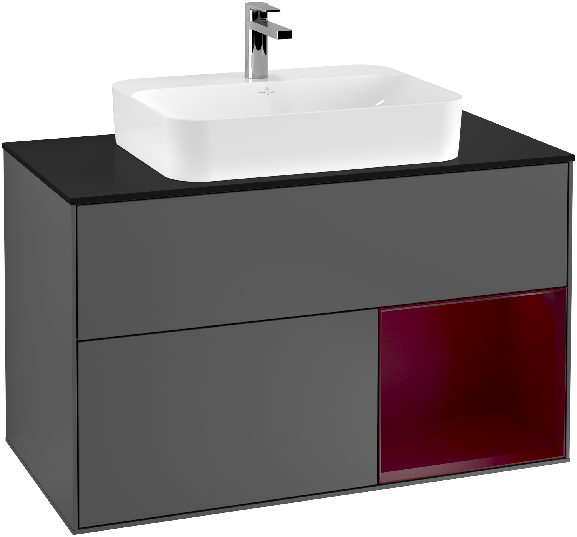 Villeroy & Boch Finion Vanity unit, with lighting, 2 pull-out compartments, 1000x603x501mm, Body: Anthracite Matt Lacquer, Front: Anthracite Matt Lacquer, Shelf: Peony Matt Lacquer, Cover plate: Glass Black Matt