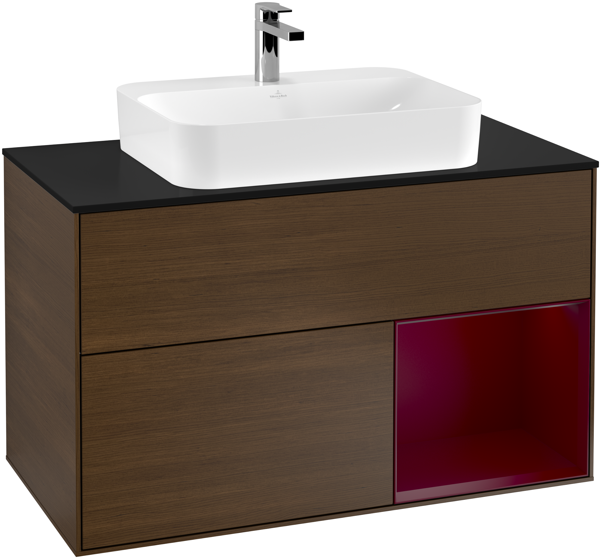 Villeroy & Boch Finion Vanity unit, with lighting, 2 pull-out compartments, 1000x603x501mm, Body: Walnut Veneer, Front: Walnut Veneer, Shelf: Peony Matt Lacquer, Cover plate: Glass Black Matt