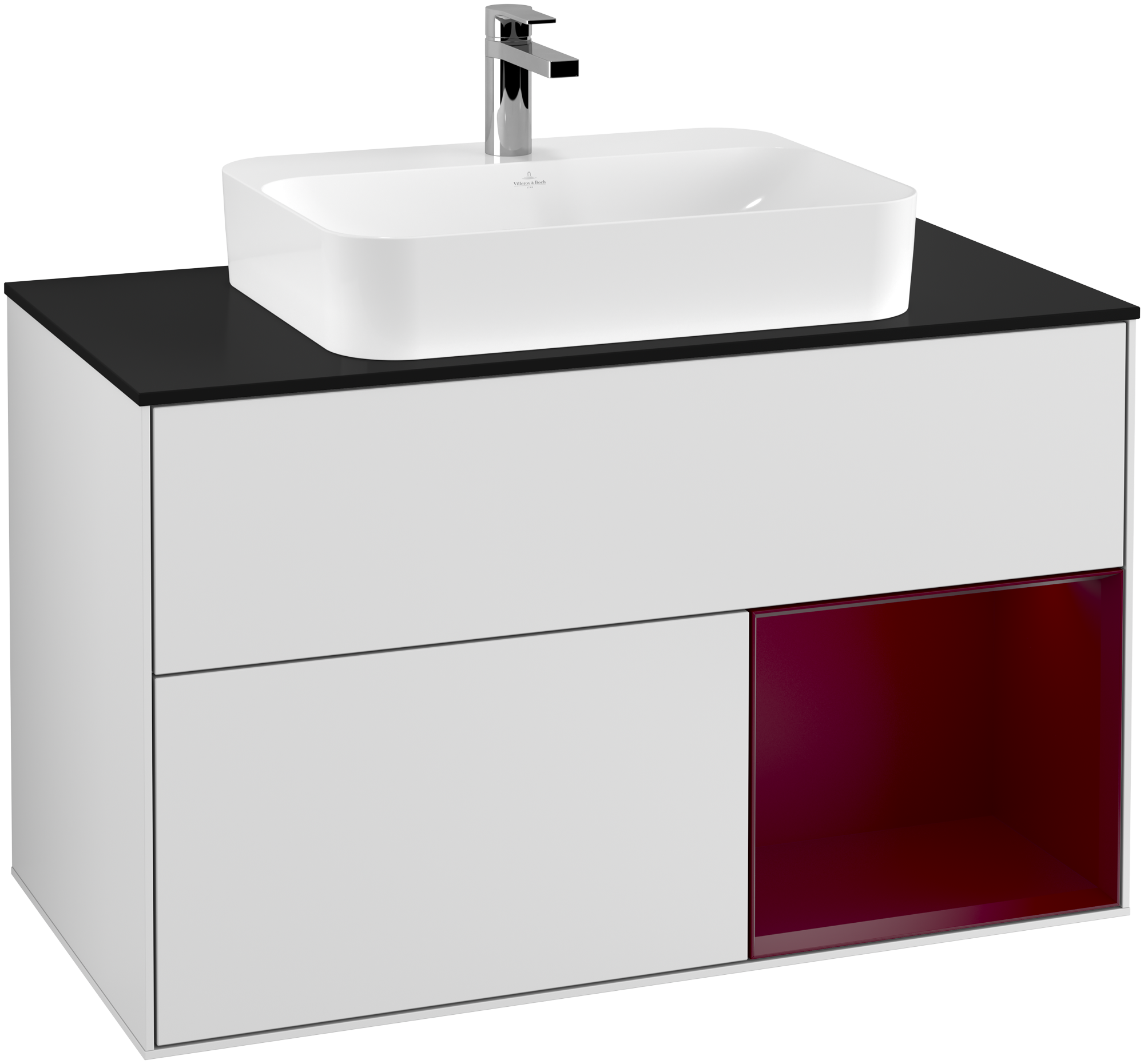 Villeroy & Boch Finion Vanity unit, with lighting, 2 pull-out compartments, 1000x603x501mm, Body: White Matt Lacquer, Front: White Matt Lacquer, Shelf: Peony Matt Lacquer, Cover plate: Glass Black Matt