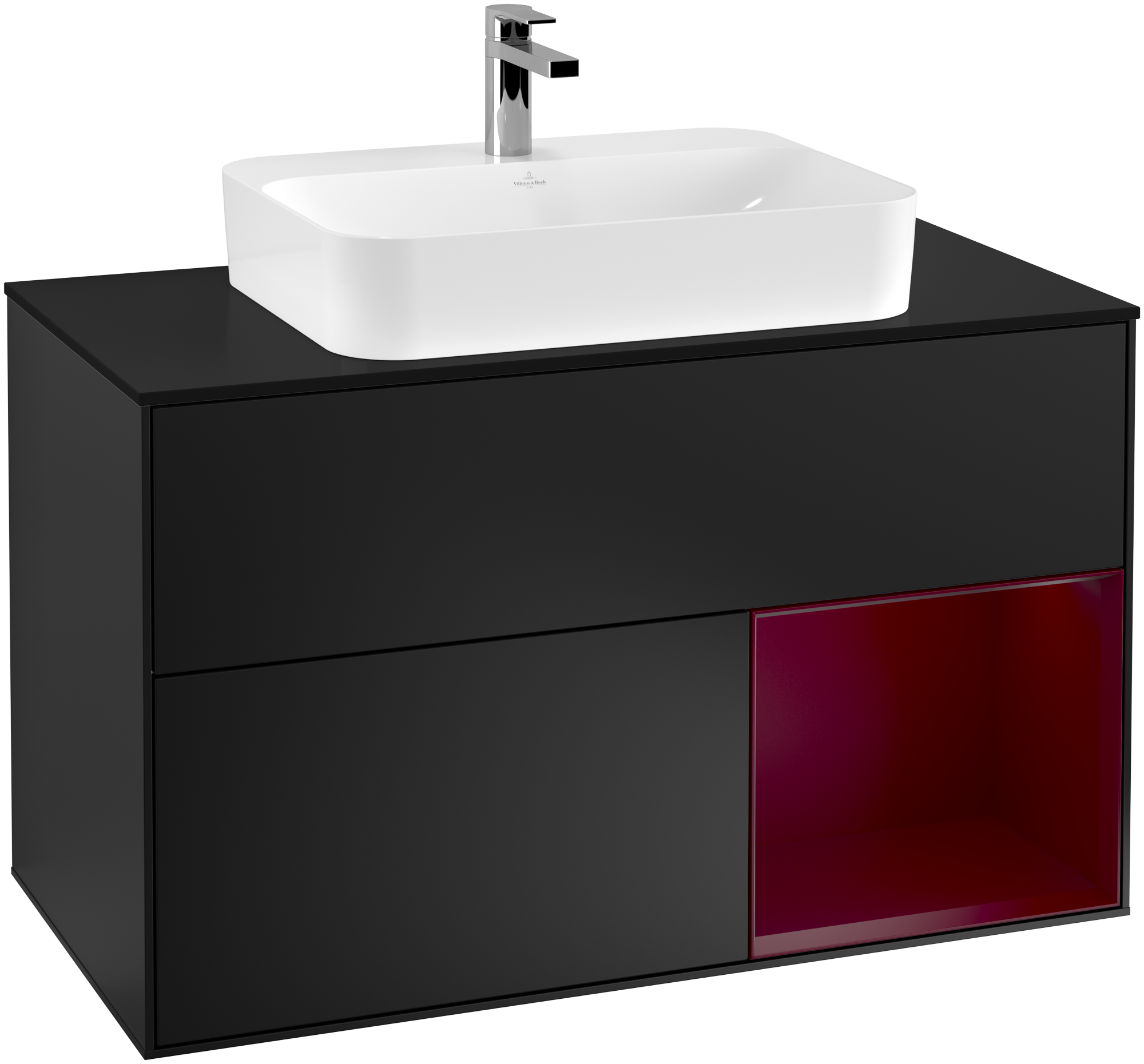 Villeroy & Boch Finion Vanity unit, with lighting, 2 pull-out compartments, 1000x603x501mm, Body: Black Matt Lacquer, Front: Black Matt Lacquer, Shelf: Peony Matt Lacquer, Cover plate: Glass Black Matt