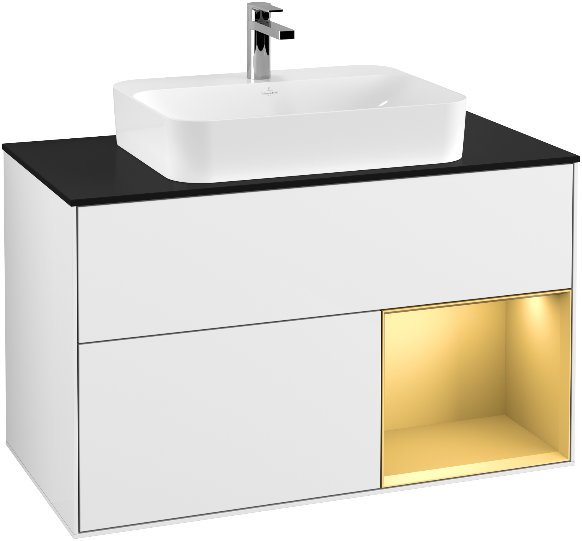 Villeroy & Boch Finion Vanity unit, with lighting, 2 pull-out compartments, 1000x603x501mm, Body: Glossy White Lacquer, Front: Glossy White Lacquer, Shelf: Gold Matt Lacquer, Cover plate: Glass Black Matt