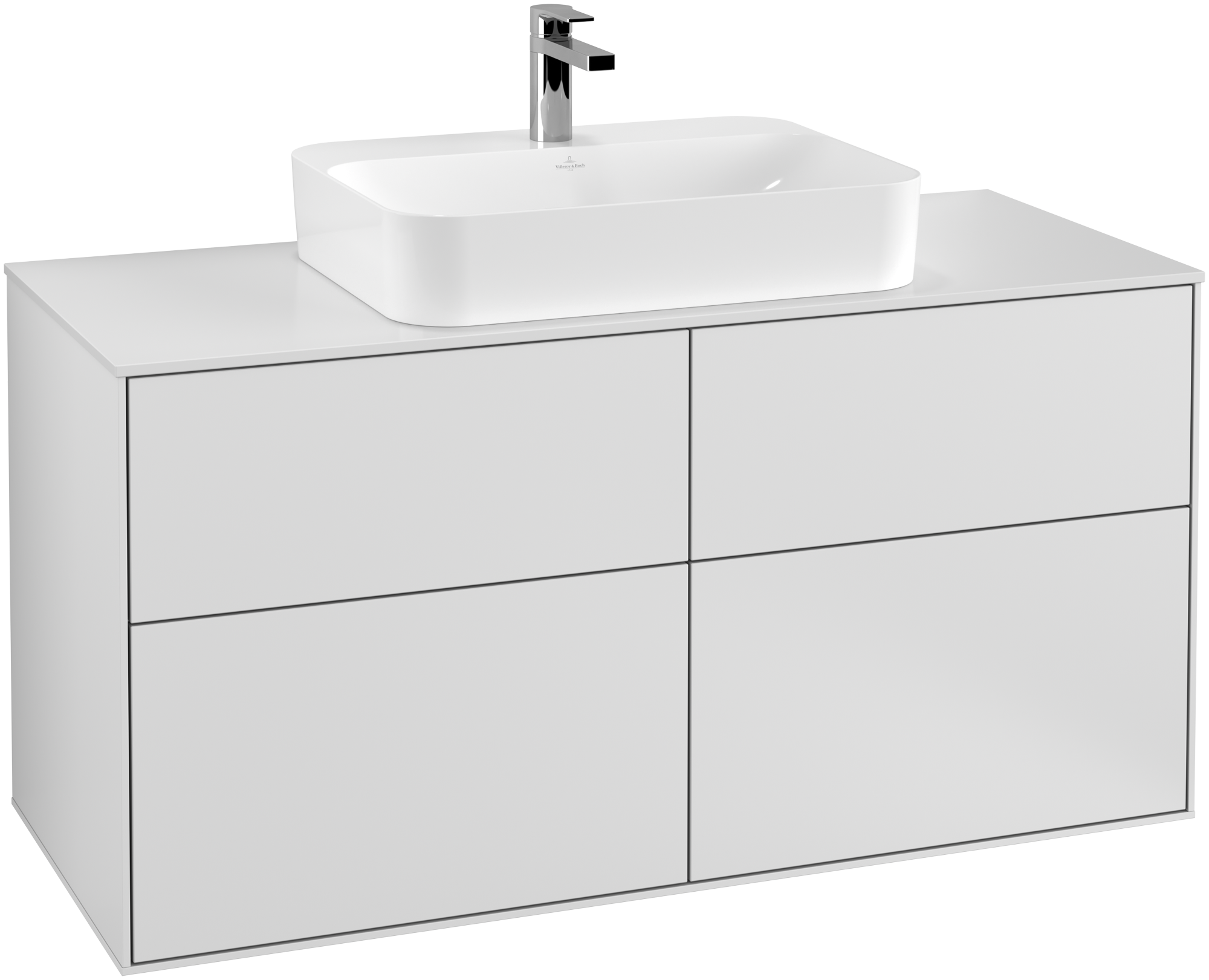 Villeroy & Boch Finion Waschbeckenunterschrank, 4 Auszüge, 1200x603x501mm, Korpus: White Matt Lacquer, Front: White Matt Lacquer, Abdeckplatte: Glass White Matt