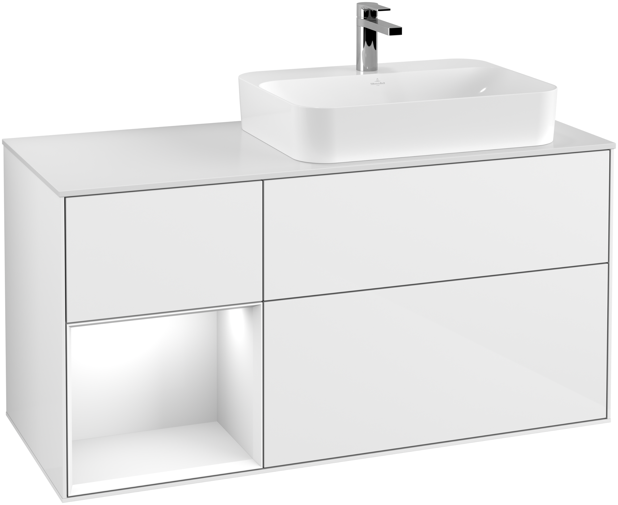 Villeroy & Boch Finion Waschbeckenunterschrank, mit Beleuchtung, 3 Auszüge, 1200x603x501mm, Korpus: Glossy White Lacquer, Front: Glossy White Lacquer, Regalelement: Glossy White Lacquer, Abdeckplatte: Glass White Matt
