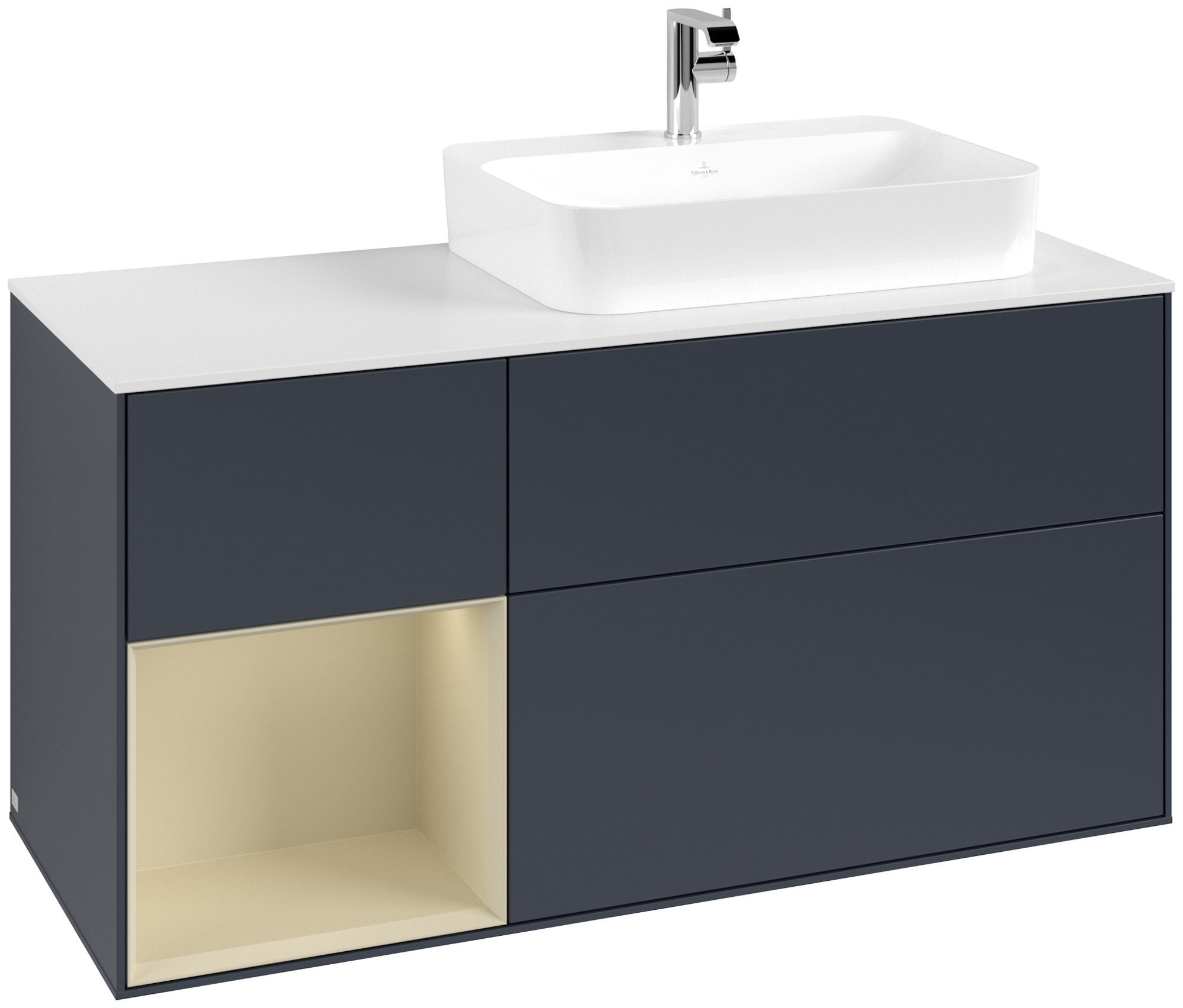 Villeroy & Boch Finion Meuble sous plan, avec éclairage, 3 tiroirs sur rails, 1200x603x501mm, Caisson: Midnight Blue Matt Lacquer, Façade: Midnight Blue Matt Lacquer, Élément d’étagère: Silk Grey Matt Lacquer, Plaque de recouvrement: Glass White Matt