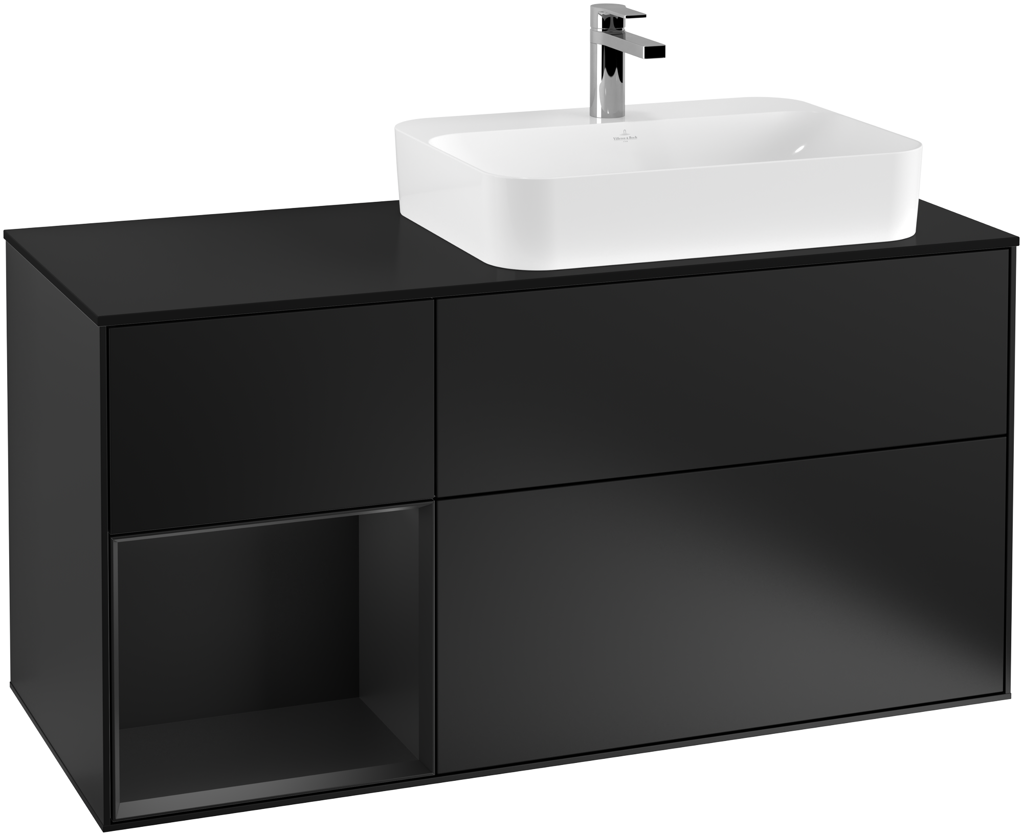Villeroy & Boch Finion Waschbeckenunterschrank, mit Beleuchtung, 3 Auszüge, 1200x603x501mm, Korpus: Black Matt Lacquer, Front: Black Matt Lacquer, Regalelement: Black Matt Lacquer, Abdeckplatte: Glass Black Matt