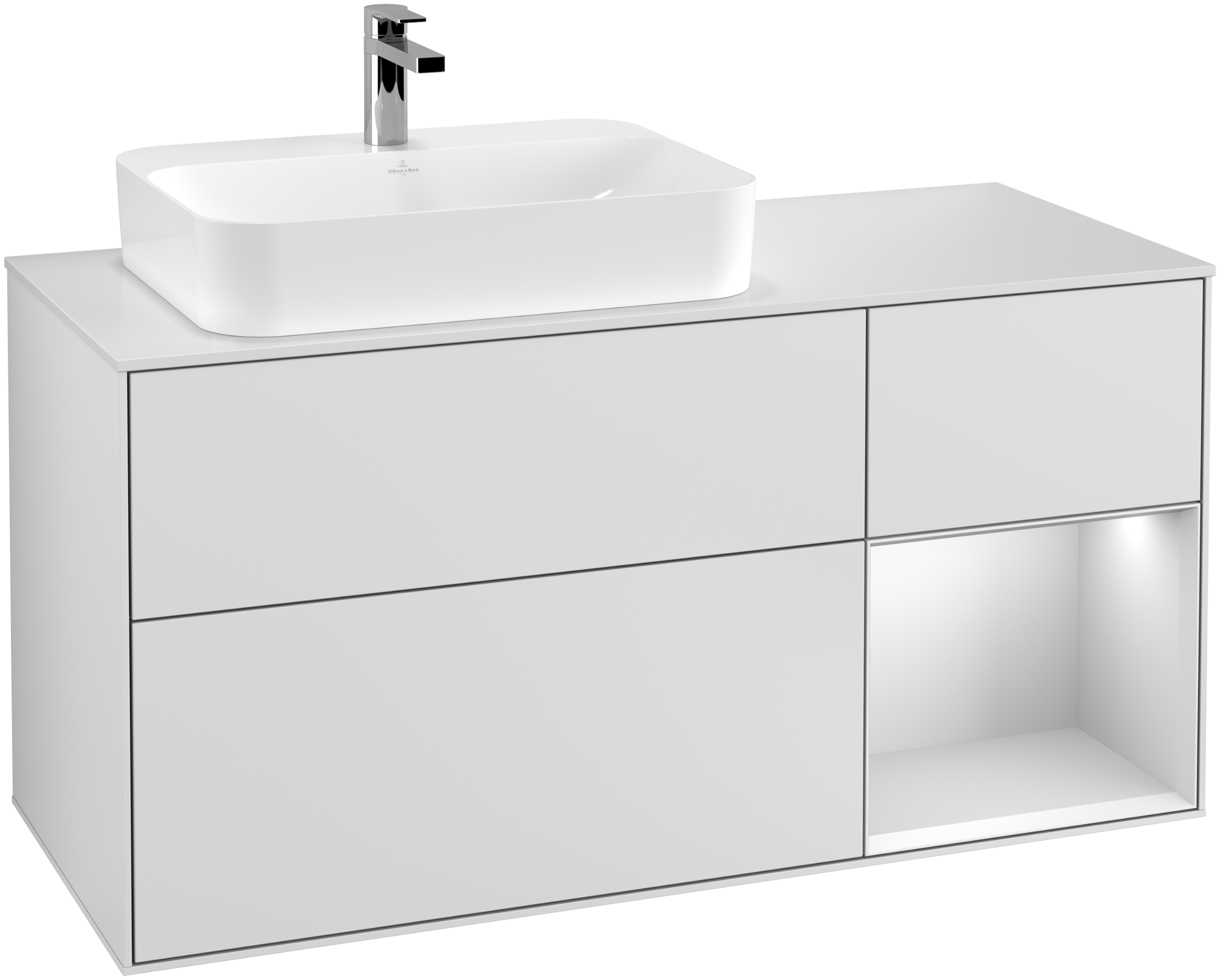 Villeroy & Boch Finion Waschbeckenunterschrank, mit Beleuchtung, 3 Auszüge, 1200x603x501mm, Korpus: White Matt Lacquer, Front: White Matt Lacquer, Regalelement: White Matt Lacquer, Abdeckplatte: Glass White Matt