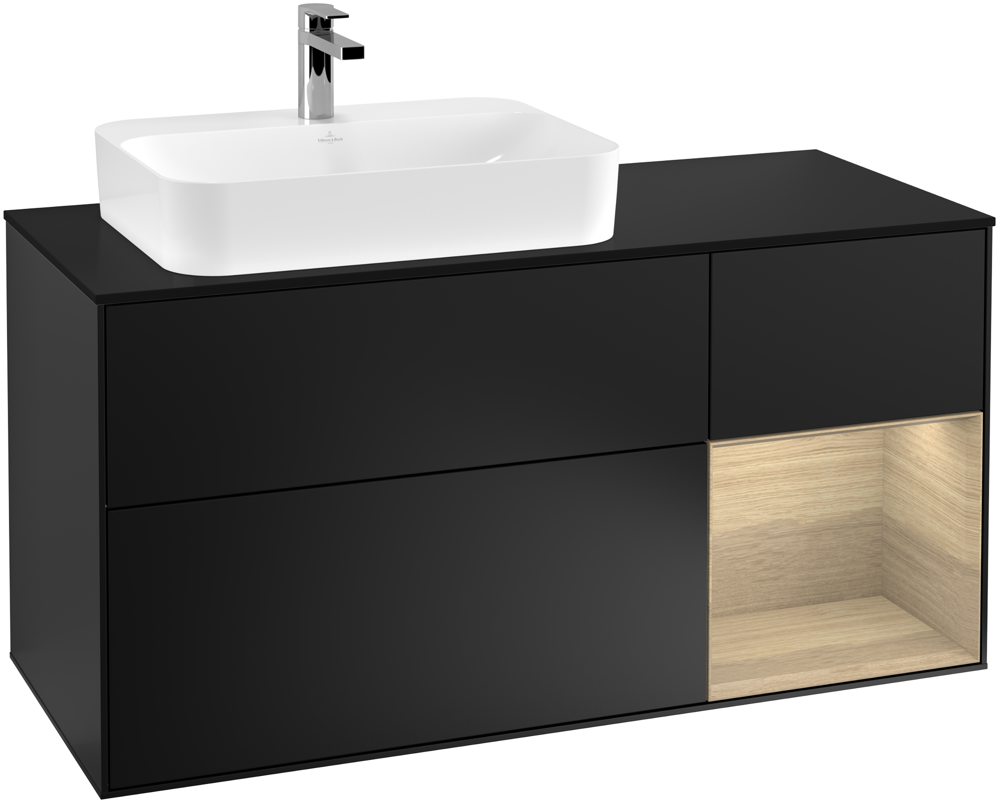 Villeroy & Boch Finion Meuble sous plan, avec éclairage, 3 tiroirs sur rails, 1200x603x501mm, Caisson: Black Matt Lacquer, Façade: Black Matt Lacquer, Élément d’étagère: Oak Veneer, Plaque de recouvrement: Glass Black Matt
