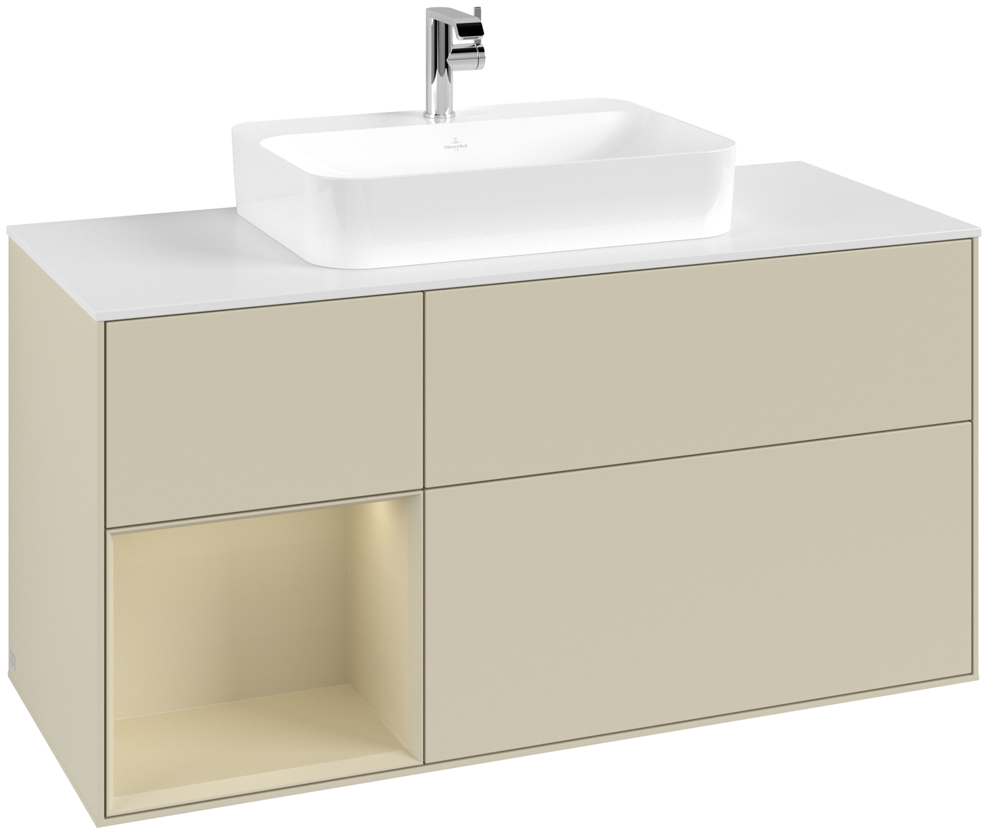 Villeroy & Boch Finion Waschbeckenunterschrank, mit Beleuchtung, 3 Auszüge, 1200x603x501mm, Korpus: Silk Grey Matt Lacquer, Front: Silk Grey Matt Lacquer, Regalelement: Silk Grey Matt Lacquer, Abdeckplatte: Glass White Matt