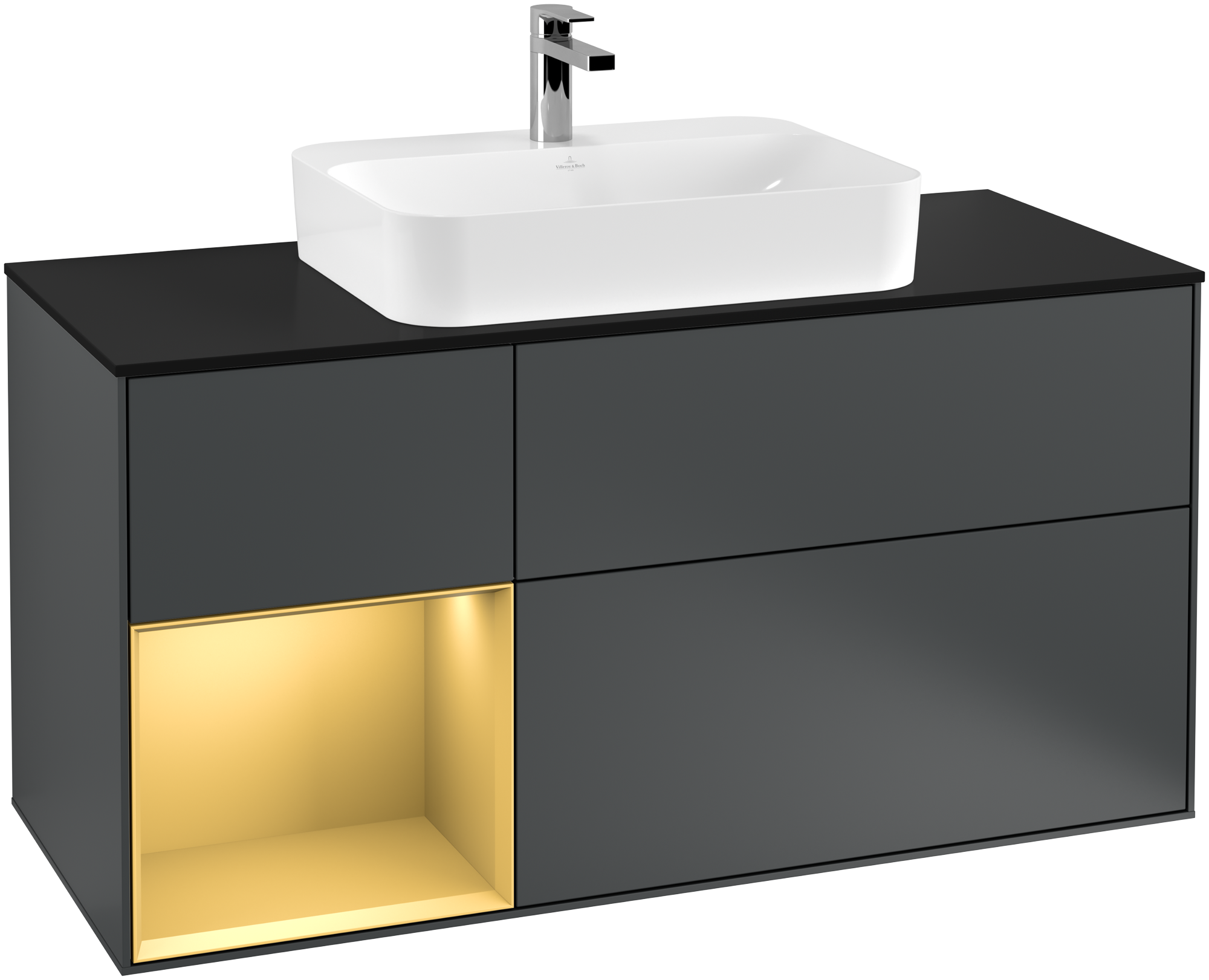 Villeroy & Boch Finion Waschbeckenunterschrank, mit Beleuchtung, 3 Auszüge, 1200x603x501mm, Korpus: Midnight Blue Matt Lacquer, Front: Midnight Blue Matt Lacquer, Regalelement: Gold Matt Lacquer, Abdeckplatte: Glass Black Matt