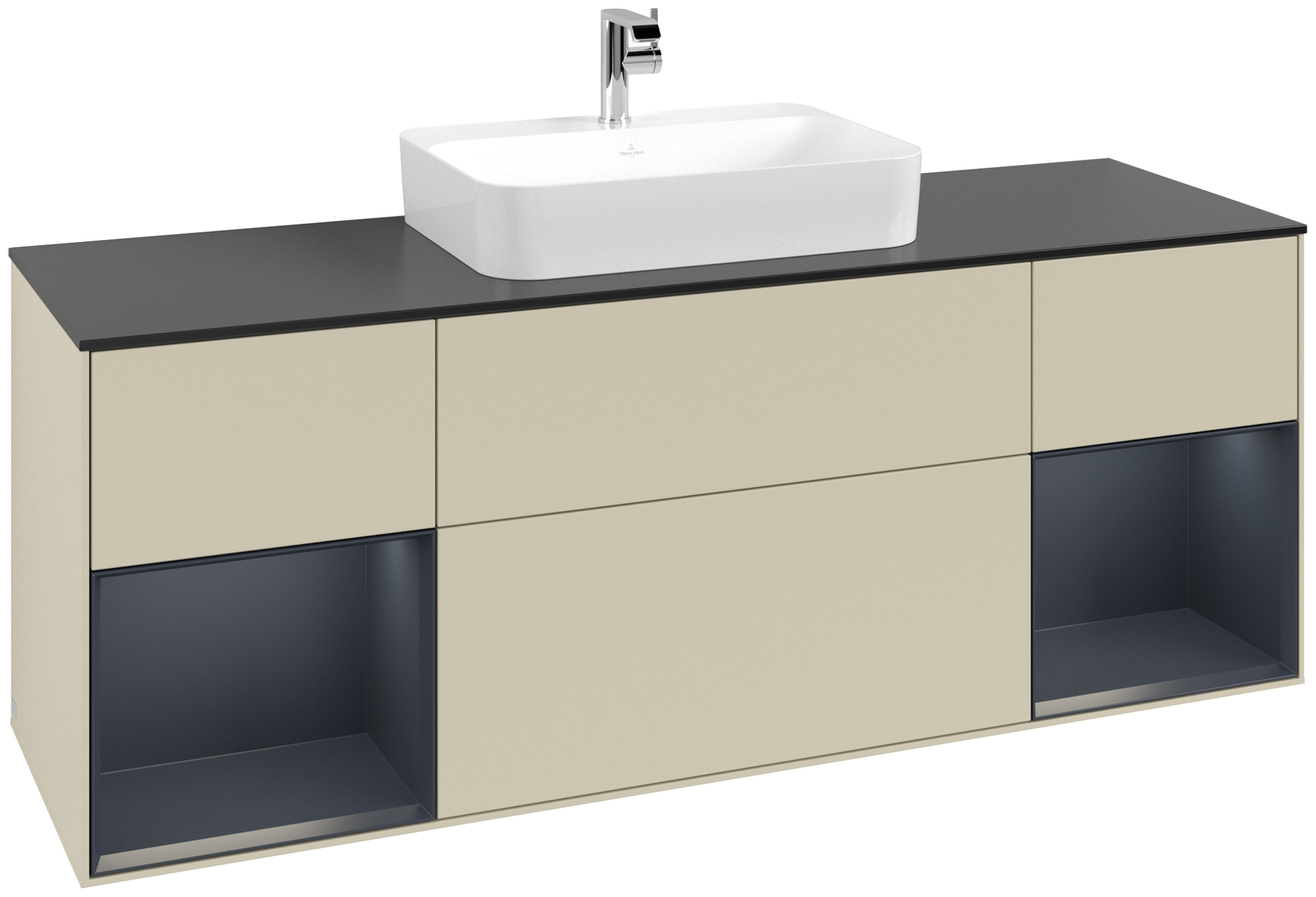 Villeroy & Boch Finion Waschbeckenunterschrank, mit Beleuchtung, 4 Auszüge, 1600x603x501mm, Korpus: Silk Grey Matt Lacquer, Front: Silk Grey Matt Lacquer, Regalelement: Midnight Blue Matt Lacquer, Abdeckplatte: Glass Black Matt