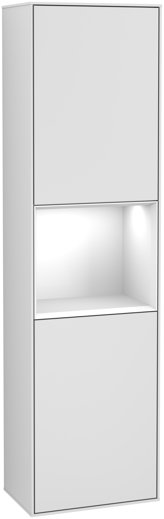 Villeroy & Boch Finion Armoire haute, avec éclairage, 2 portes, 418x1516x270mm, Caisson: White Matt Lacquer, Façade: White Matt Lacquer, Élément d’étagère: Glossy White Lacquer