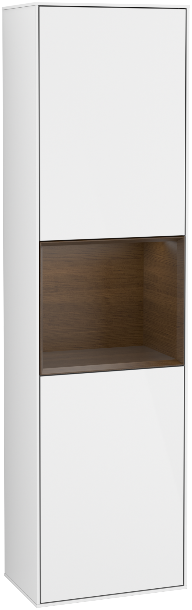 Villeroy & Boch Finion Armoire haute, avec éclairage, 2 portes, 418x1516x270mm, Caisson: Glossy White Lacquer, Façade: Glossy White Lacquer, Élément d’étagère: Walnut Veneer