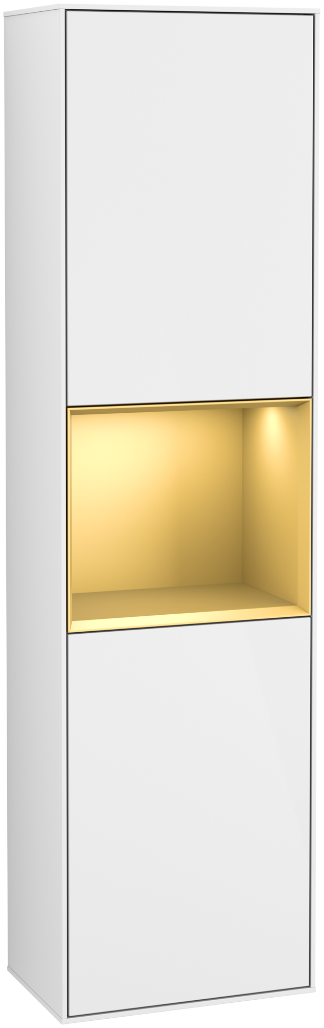 Villeroy & Boch Finion Armoire haute, avec éclairage, 2 portes, 418x1516x270mm, Caisson: Glossy White Lacquer, Façade: Glossy White Lacquer, Élément d’étagère: Gold Matt Lacquer