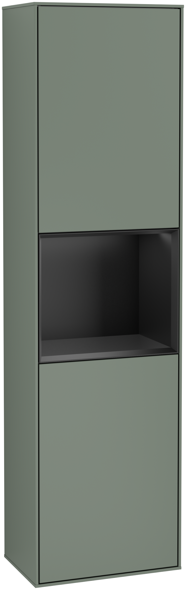 Villeroy & Boch Finion Hochschrank, mit Beleuchtung, 2 Türen, 418x1516x270mm, Korpus: Olive Matt Lacquer, Front: Olive Matt Lacquer, Regalelement: Black Matt Lacquer