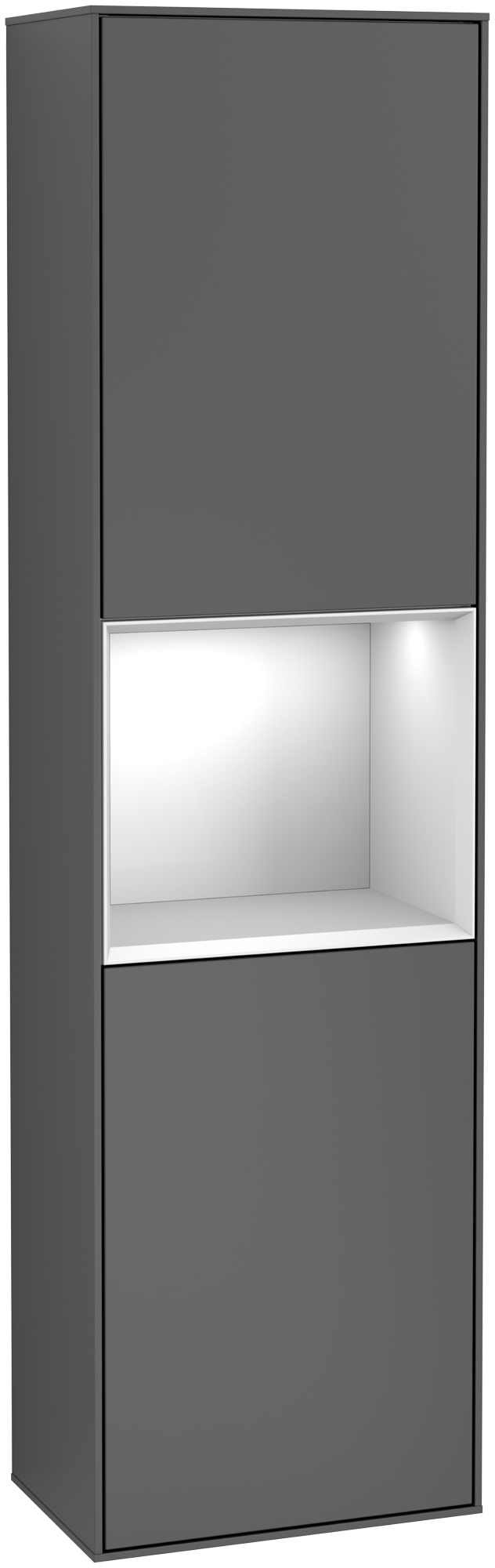 Villeroy & Boch Finion Tall cabinet, with lighting, 2 doors, 418x1516x270mm, Body: Silk Grey Matt Lacquer, Front: Silk Grey Matt Lacquer, Shelf: Glossy White Lacquer