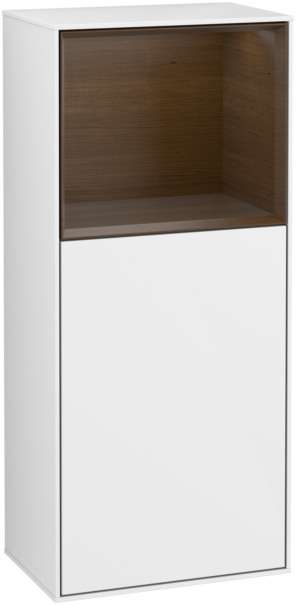 Villeroy & Boch Finion Side cabinet, with lighting, 1 door, 418x936x270mm, Body: Glossy White Lacquer, Front: Glossy White Lacquer, Shelf: Walnut Veneer