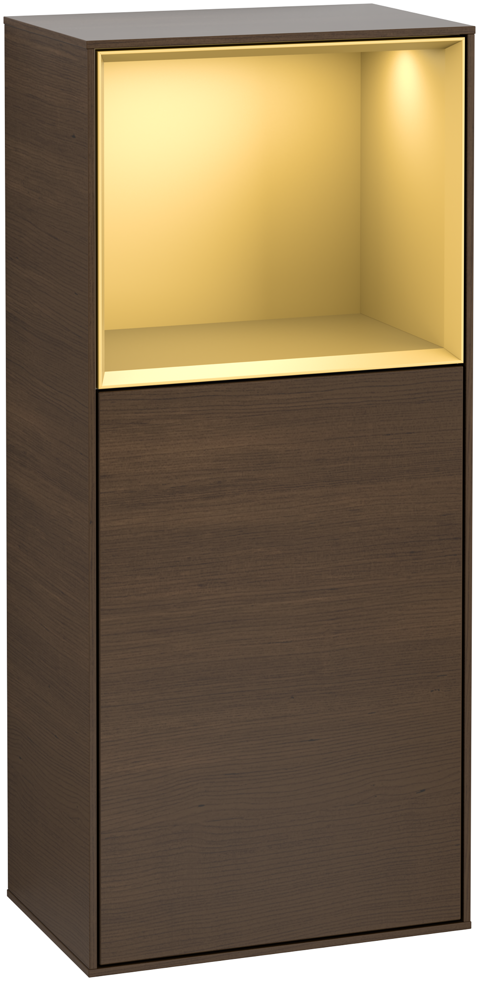 Villeroy & Boch Finion Side cabinet, with lighting, 1 door, 418x936x270mm, Body: Walnut Veneer, Front: Walnut Veneer, Shelf: Gold Matt Lacquer
